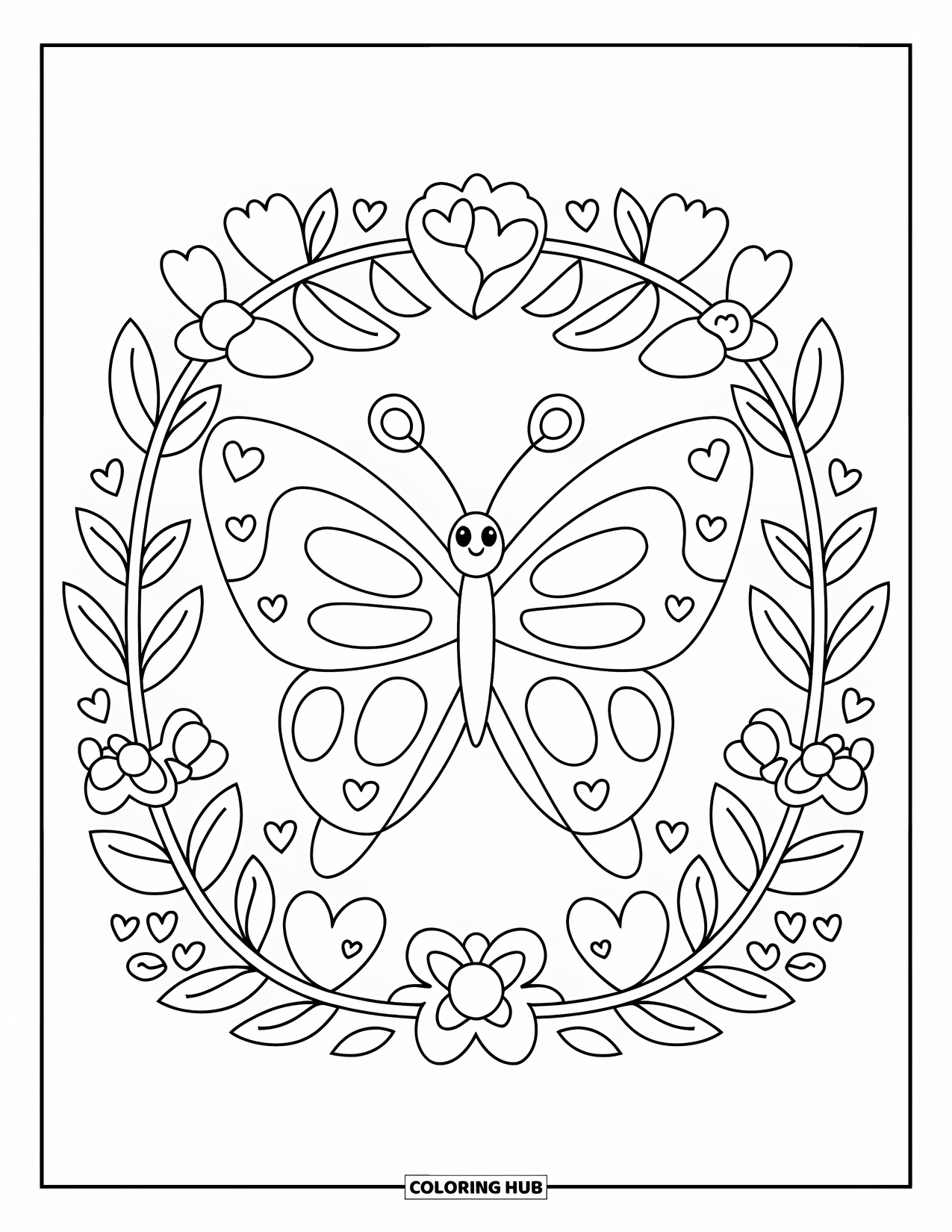 Butterfly Coloring Page for Adults: A heart-winged butterfly flying through an arch of flowers, surrounded by hearts and stars