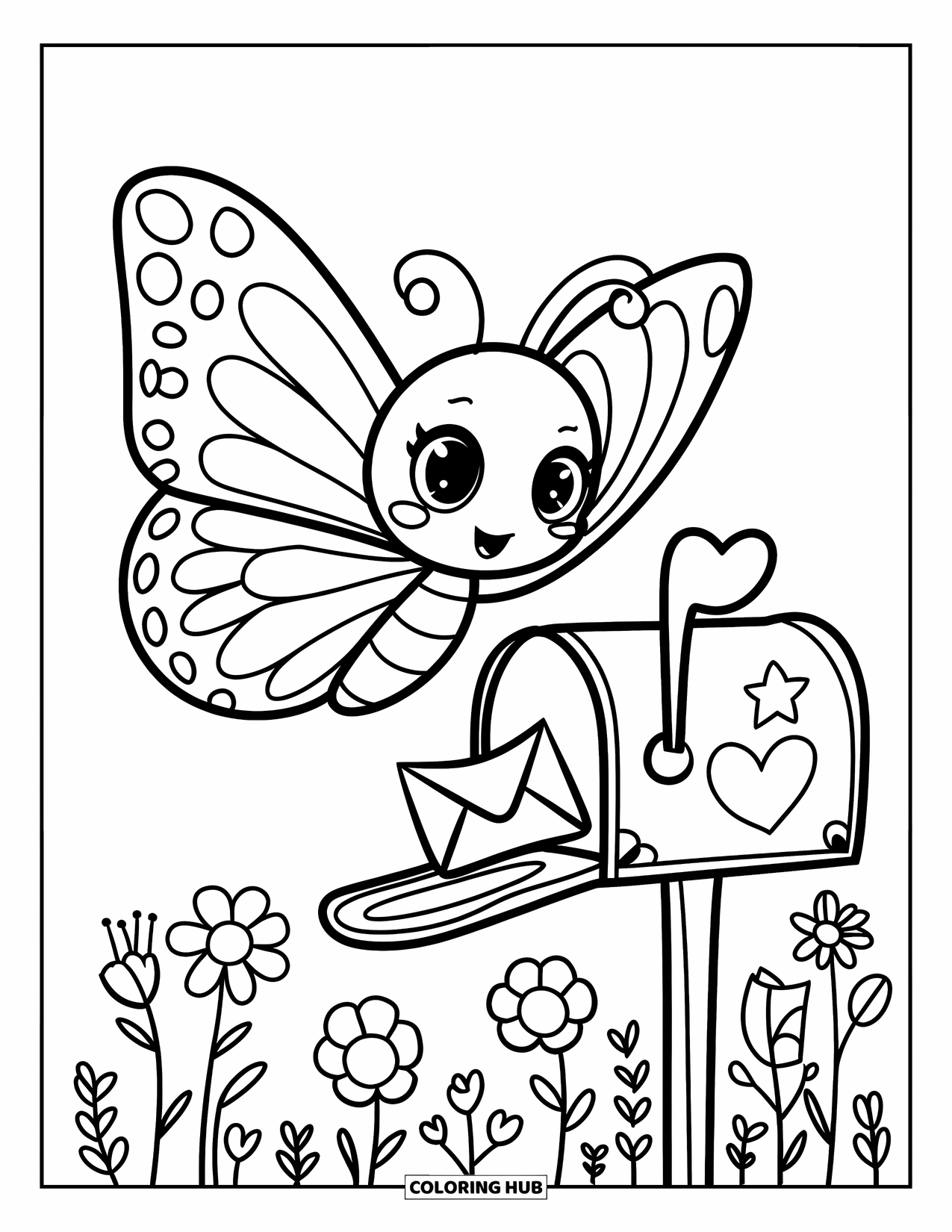 Butterfly Coloring Page for Adults: A kawaii butterfly holding a letter, flying above a heart-decorated mailbox with flowers below