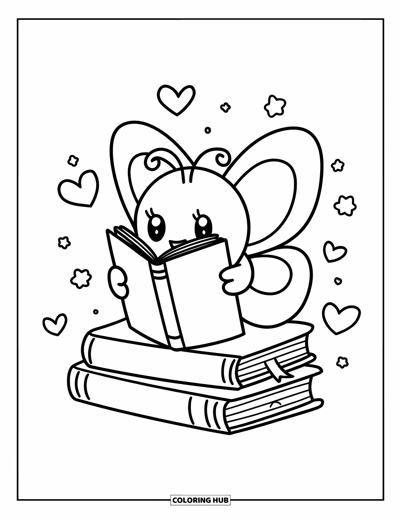 Butterfly Coloring Page for Adults: A kawaii butterfly reading a book on a stack of books, surrounded by hearts and stars