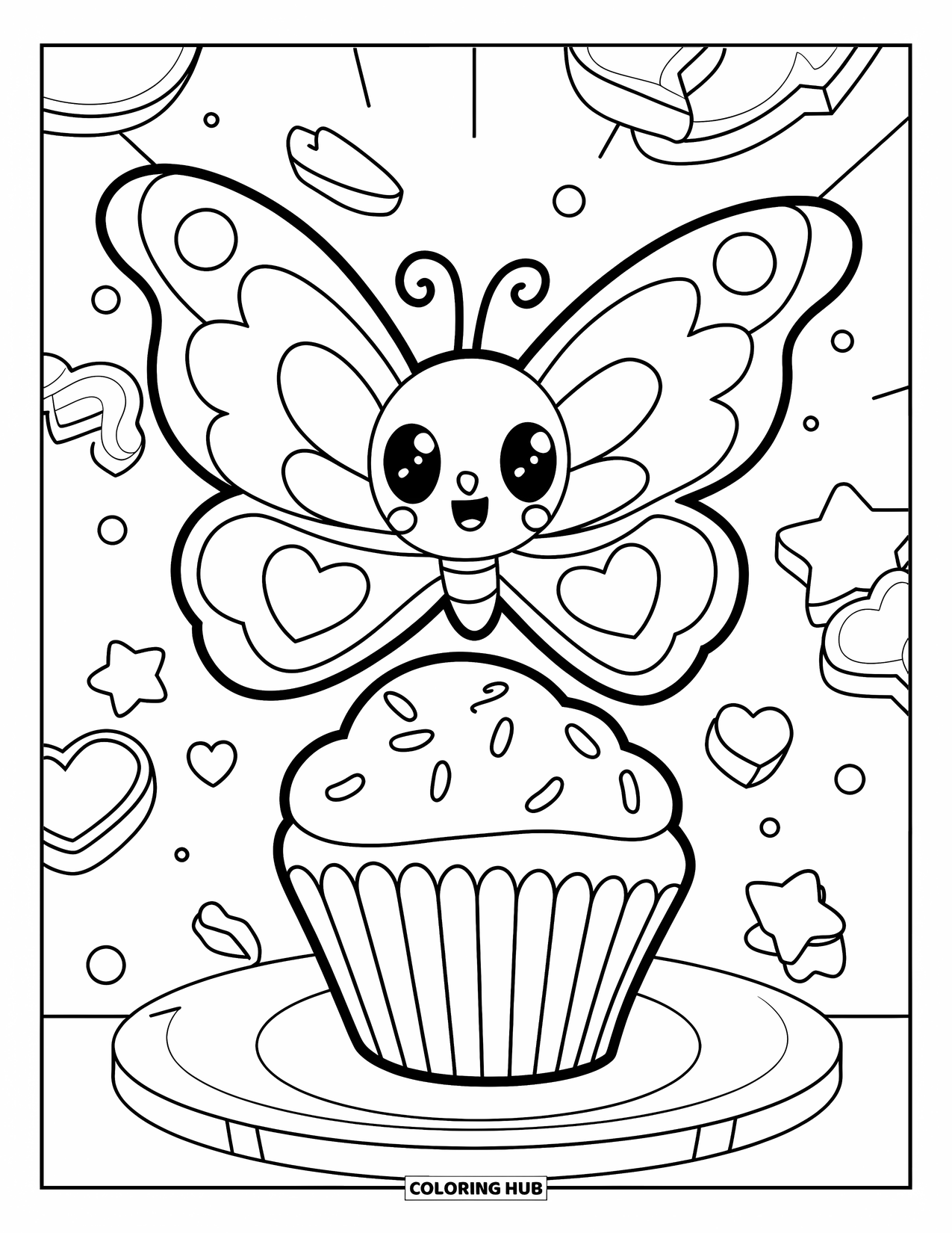 Butterfly Coloring Page for Adults: A kawaii butterfly with heart wings flying around a cupcake, surrounded by hearts and stars