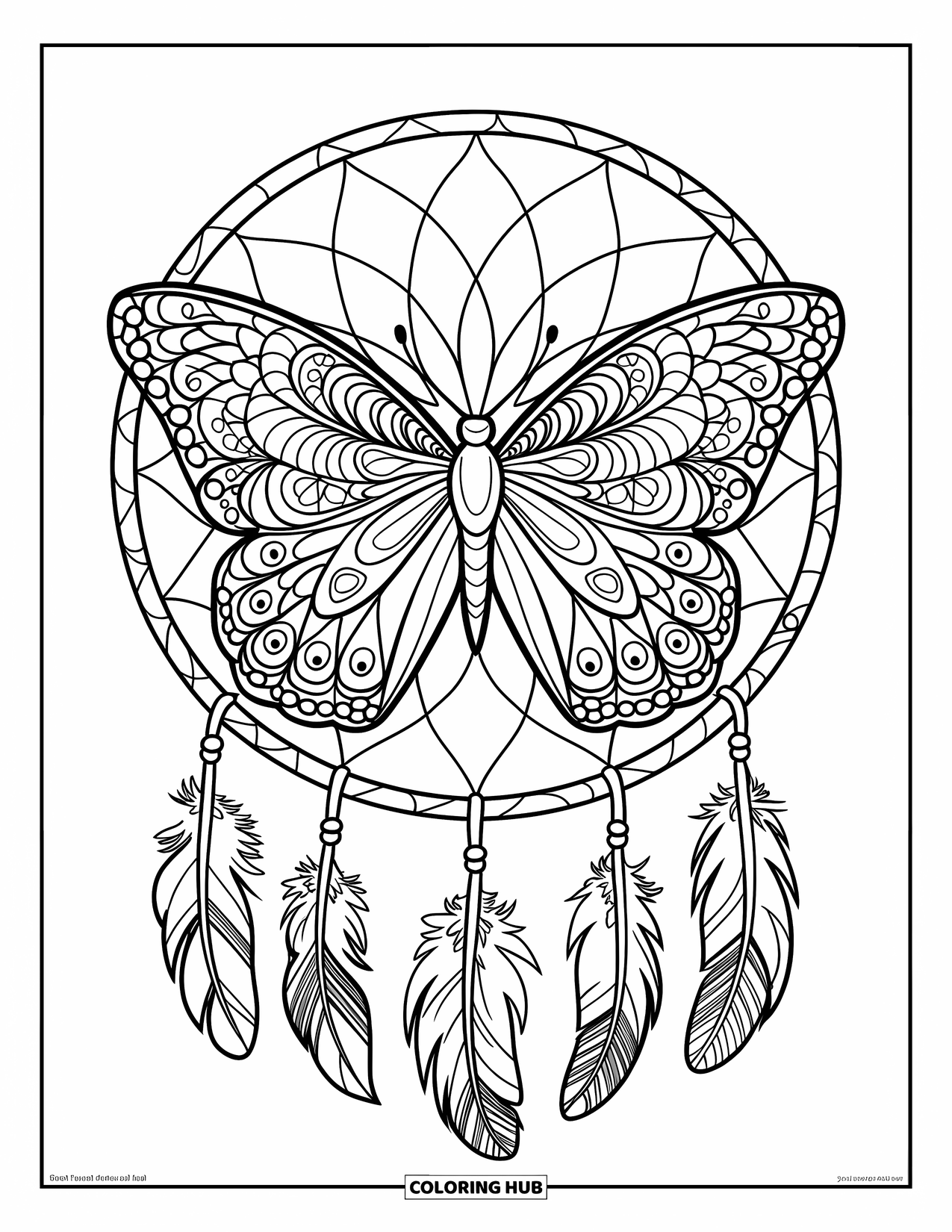 Butterfly Coloring Page for Adults: A mandala-inspired butterfly resting on a dreamcatcher, with intricate details and hanging feathers