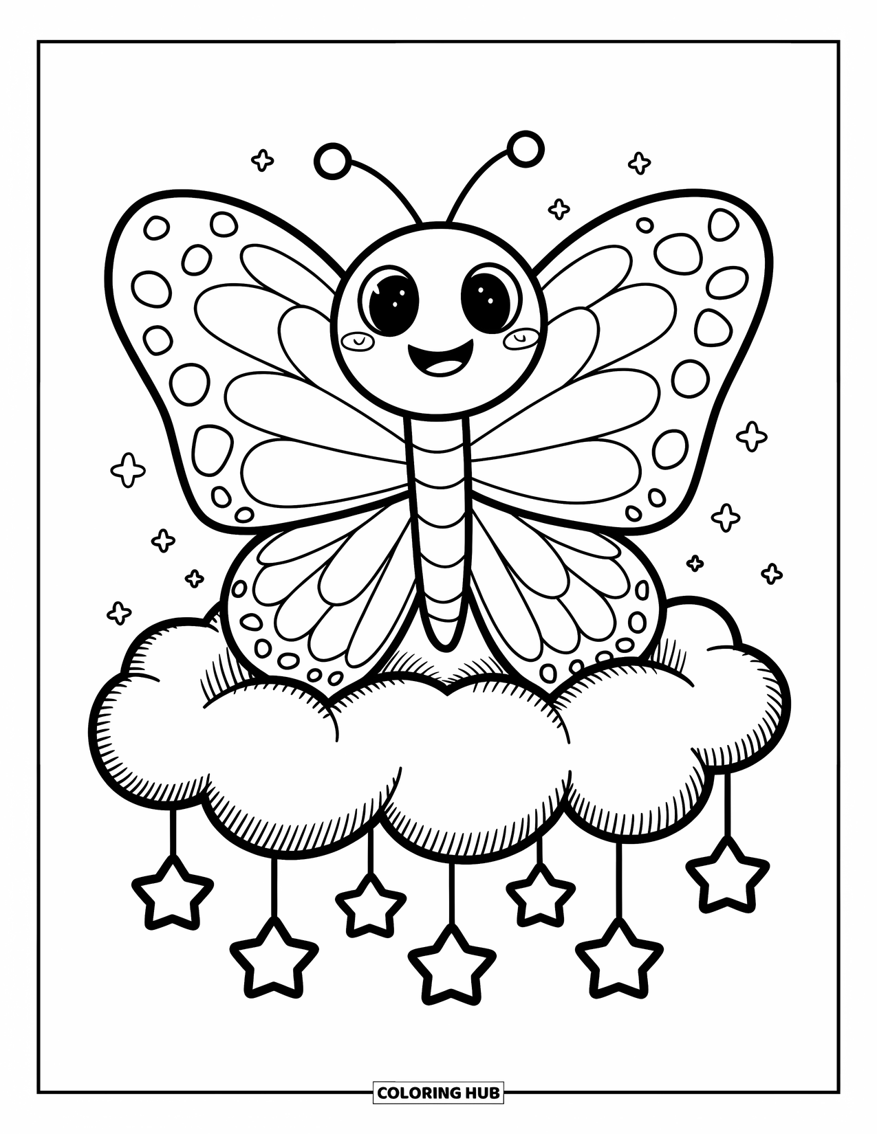 Butterfly Coloring Page for Adults: A smiling butterfly resting on a cloud with hanging stars, in a whimsical style
