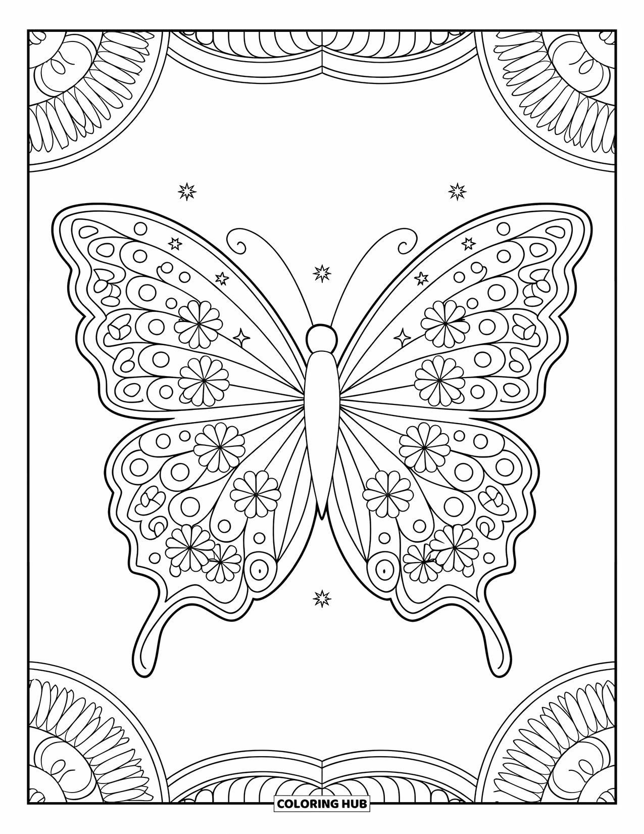 Butterfly Coloring Page for Adults: An ornate butterfly design with floral motifs and star shapes