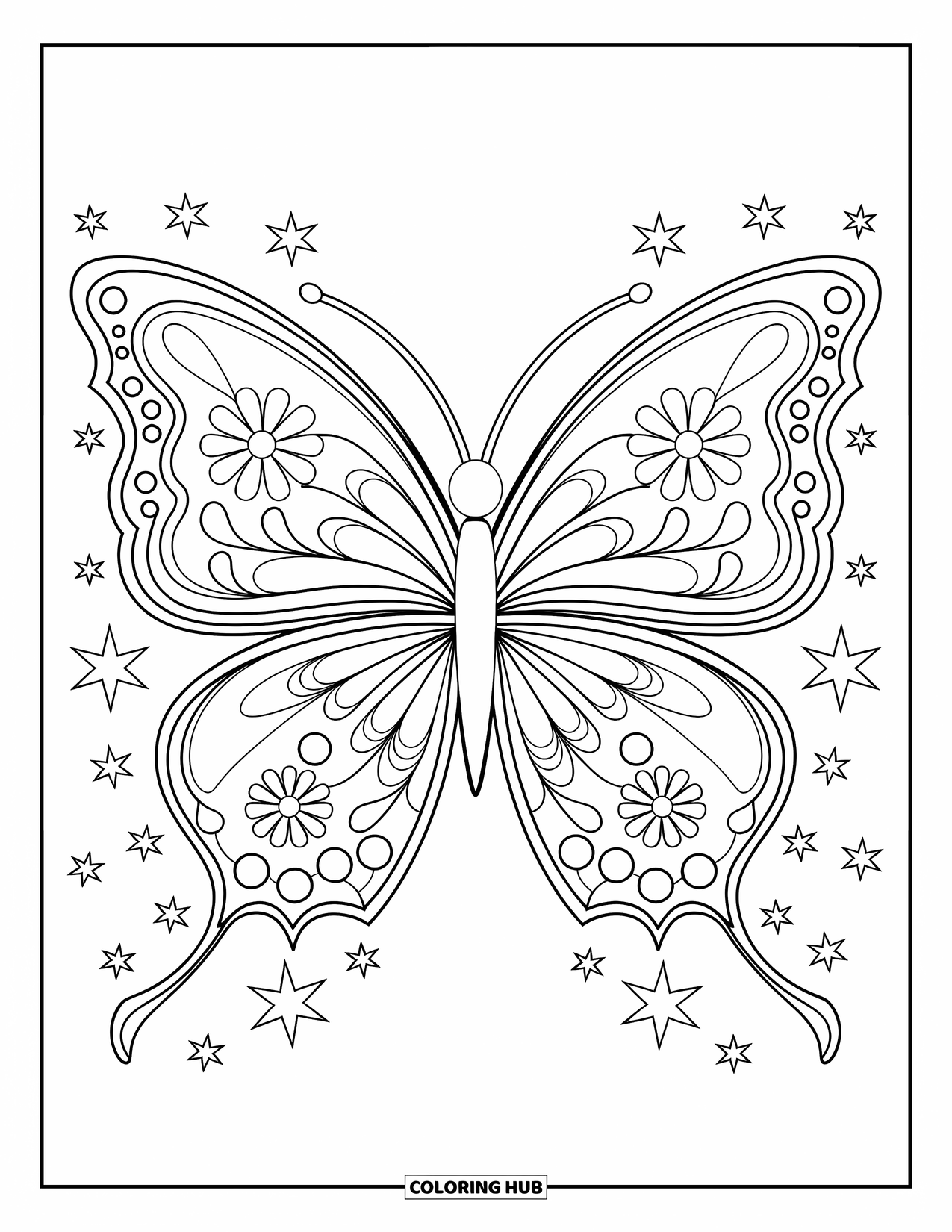 Butterfly Coloring Page for Adults: An ornate butterfly with floral wings and star outlines
