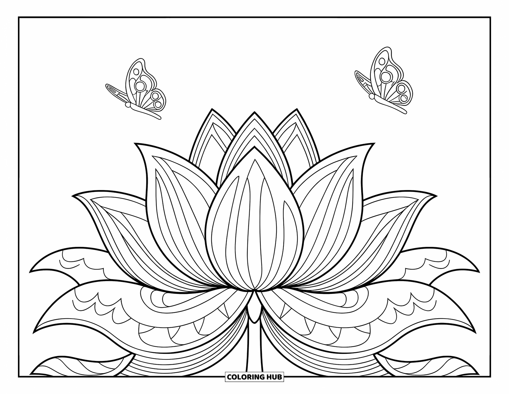 Butterfly Coloring Page for Adults: Two butterflies flying above a lotus flower with fine-line patterns, in a serene landscape