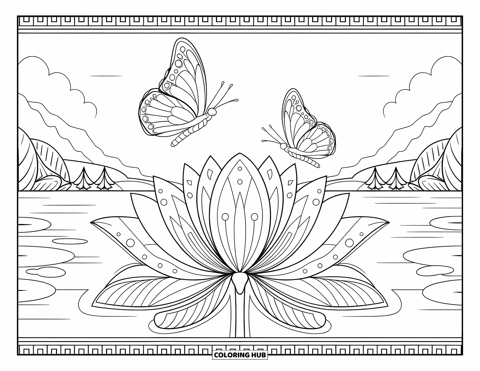 Butterfly Coloring Page for Adults: Two butterflies flying above a lotus flower with fine-line petals and geometric shapes