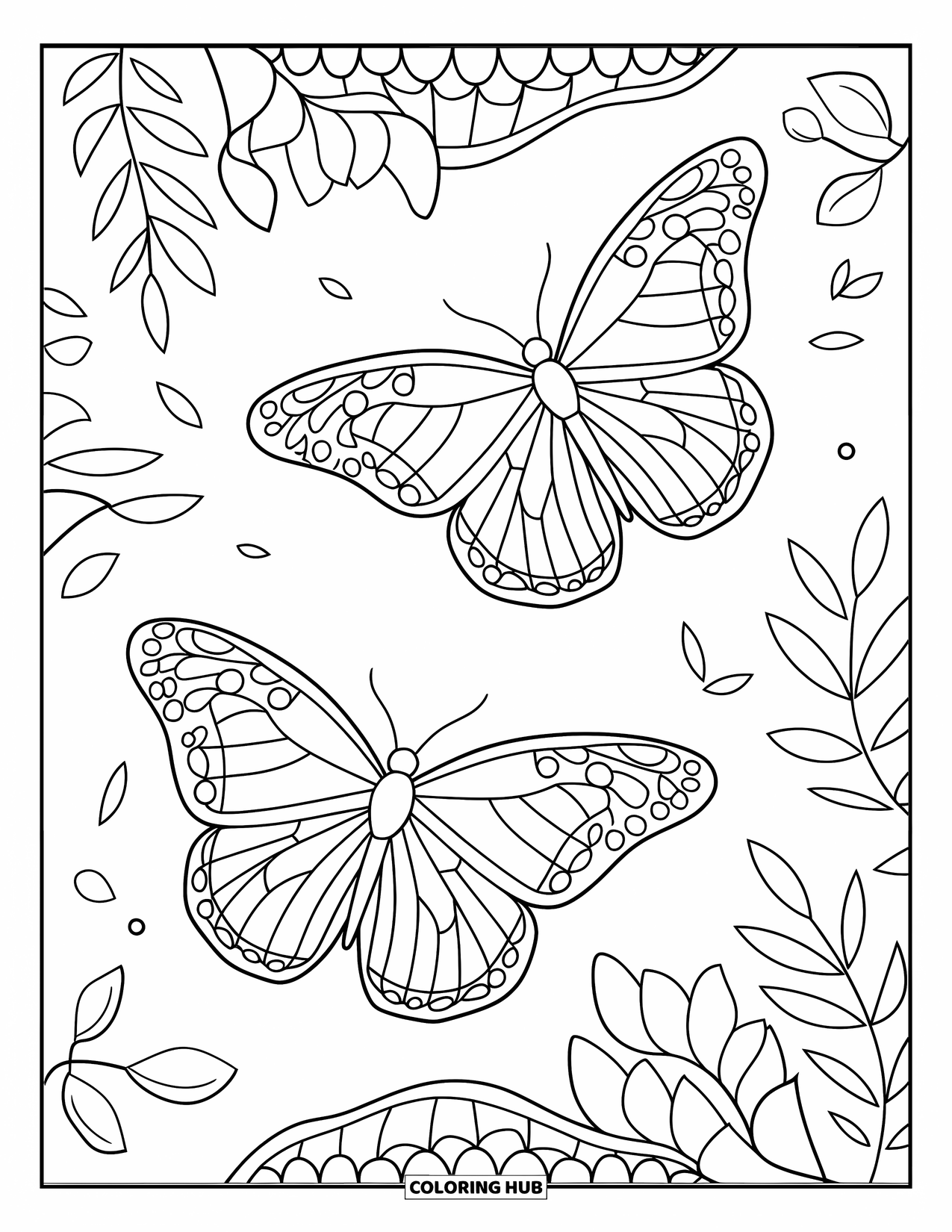 Butterfly Coloring Page for Adults: Two butterflies flying with geometric wings, framed by floating leaf shapes and bold lines