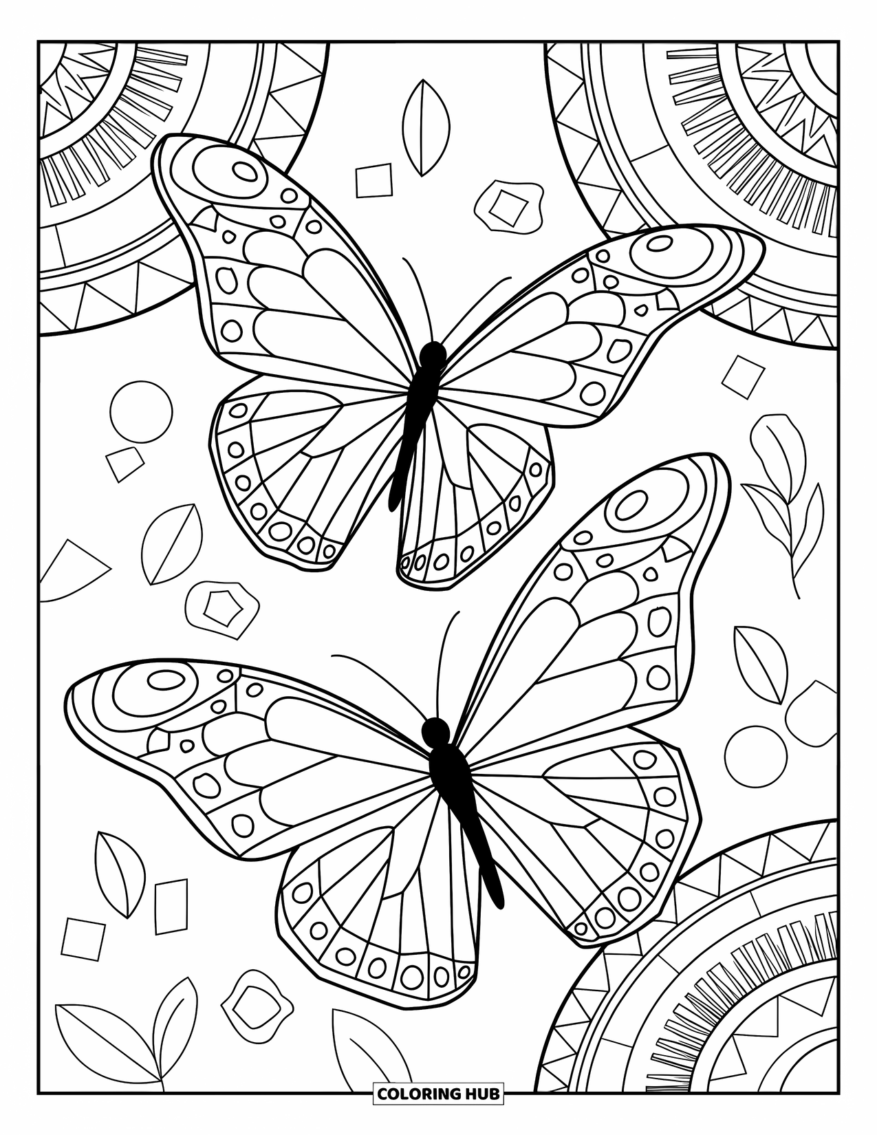 Butterfly Coloring Page for Adults: Two butterflies in mid-flight, surrounded by leaf shapes, with a background of geometric shapes