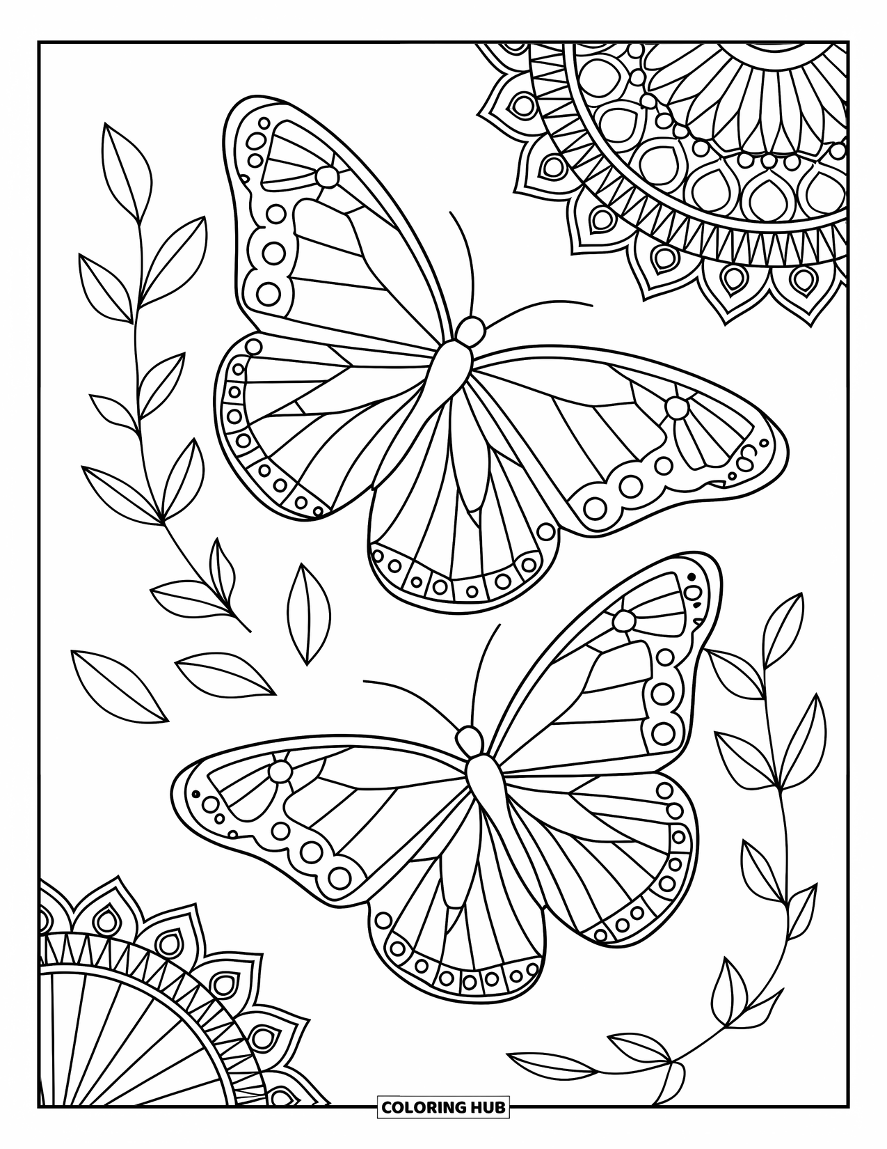 Butterfly Coloring Page for Adults: Two butterflies in mid-flight, with geometric wings and floating leaves, set against intricate patterns
