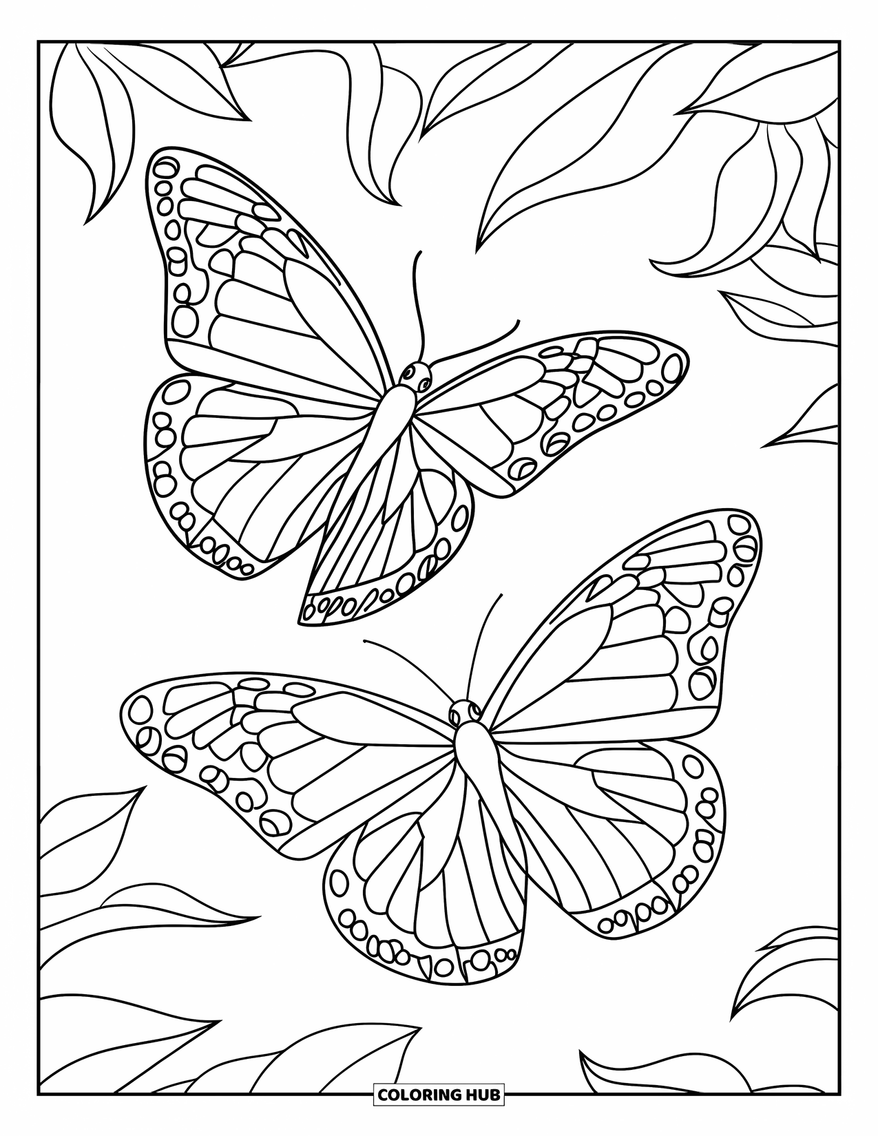 Butterfly Coloring Page for Adults: Two butterflies in mid-flight, with geometric wings, surrounded by floating leaf shapes