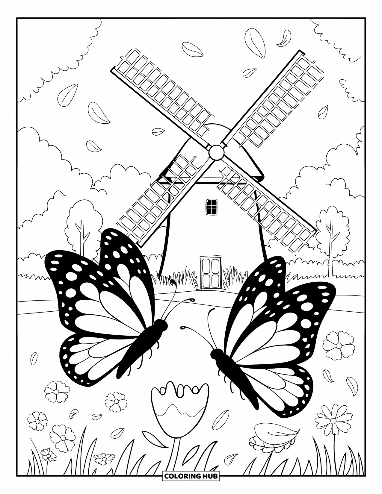 Butterfly Coloring Page for Adults: Two butterflies near a windmill, surrounded by flower petals and leaves, with trees in the background