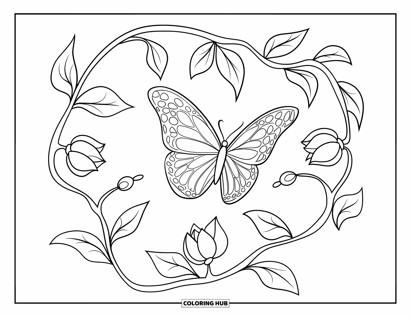 Butterfly Coloring Page for Kids: A butterfly flying above a winding vine, with bold outlines and a simple background