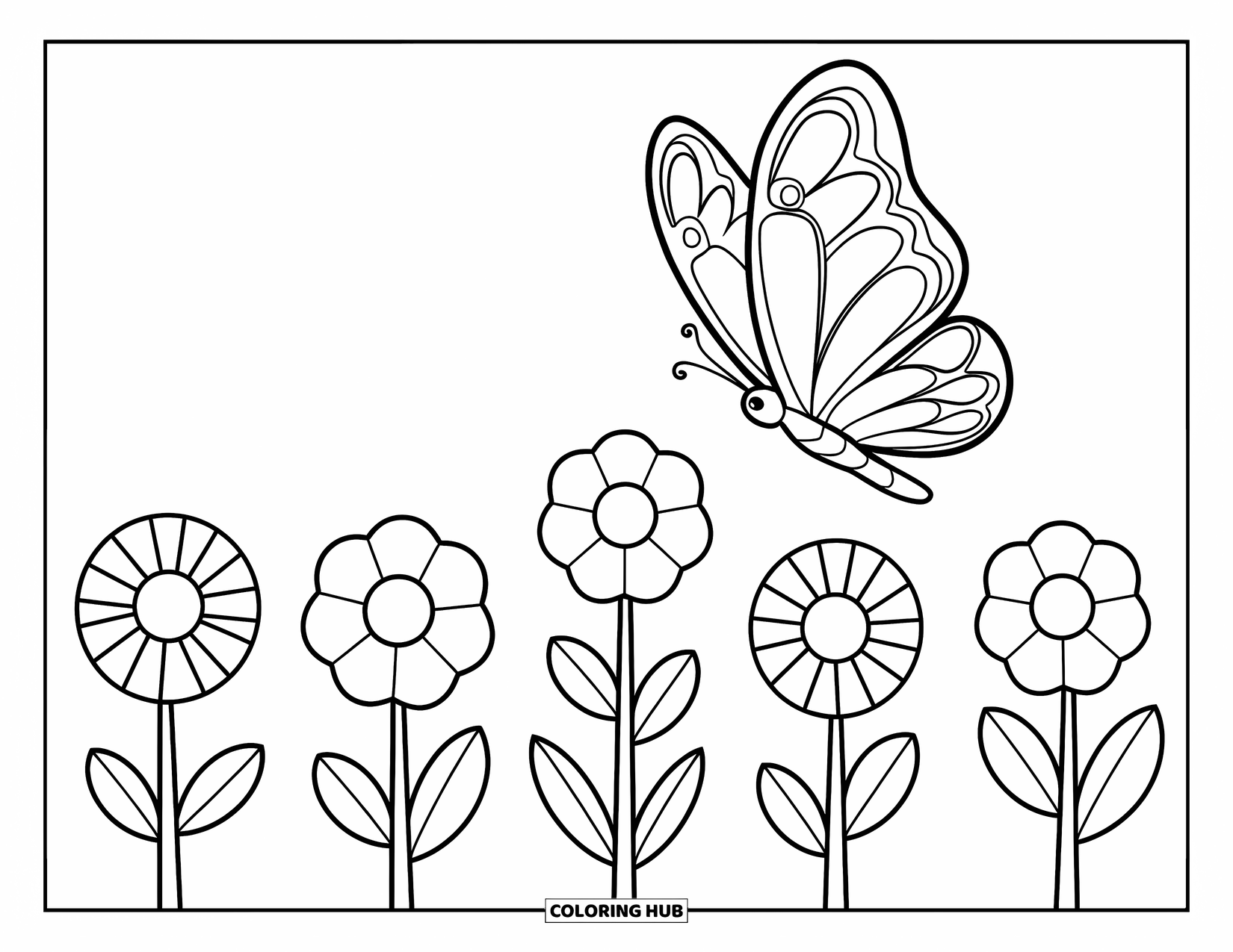Butterfly Coloring Page for Kids: A butterfly flying above five outlined flowers with small leaves