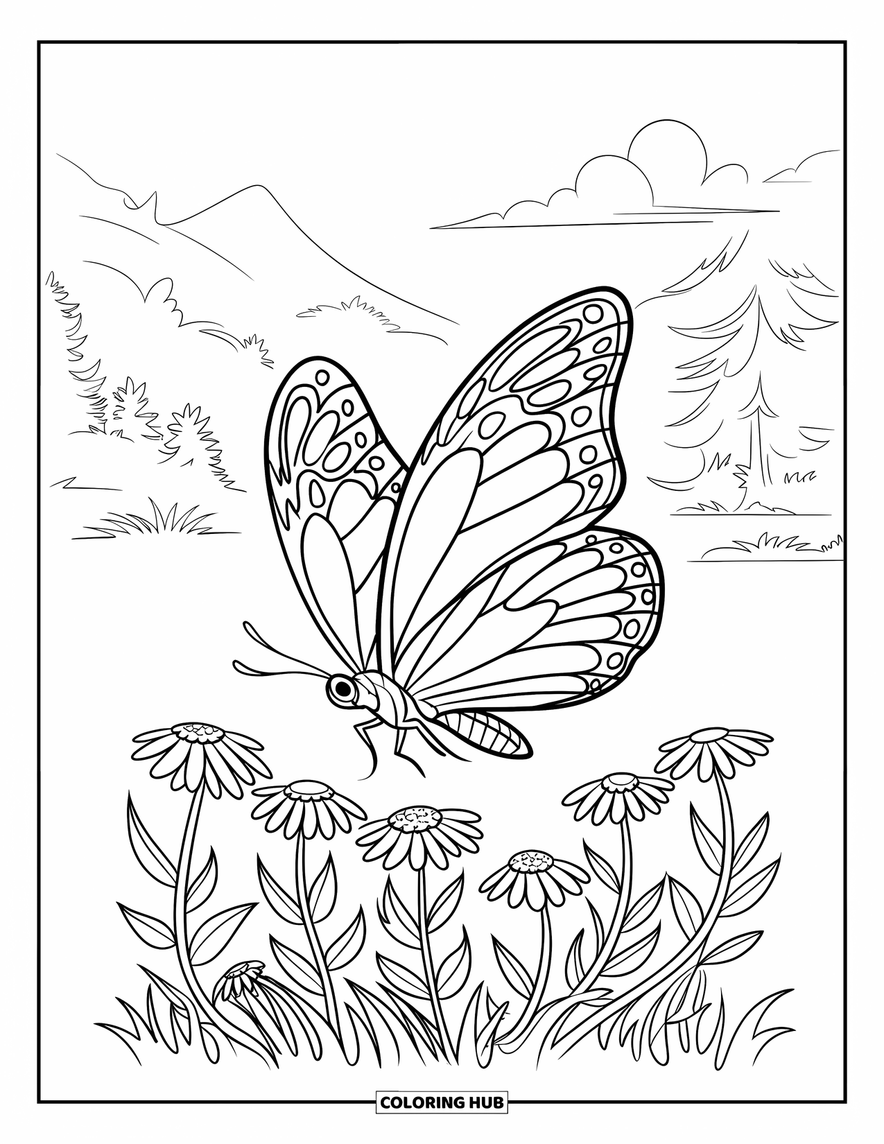 Butterfly Coloring Page for Kids: A butterfly flying above wildflowers with a scenic background