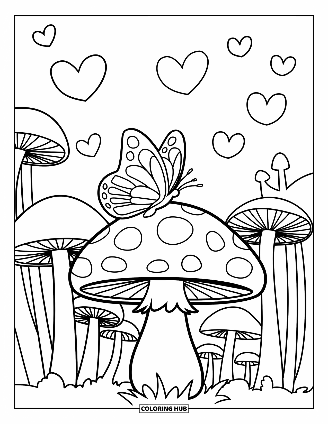 Butterfly Coloring Page for Kids: A butterfly on a mushroom cap surrounded by tall mushrooms and floating hearts