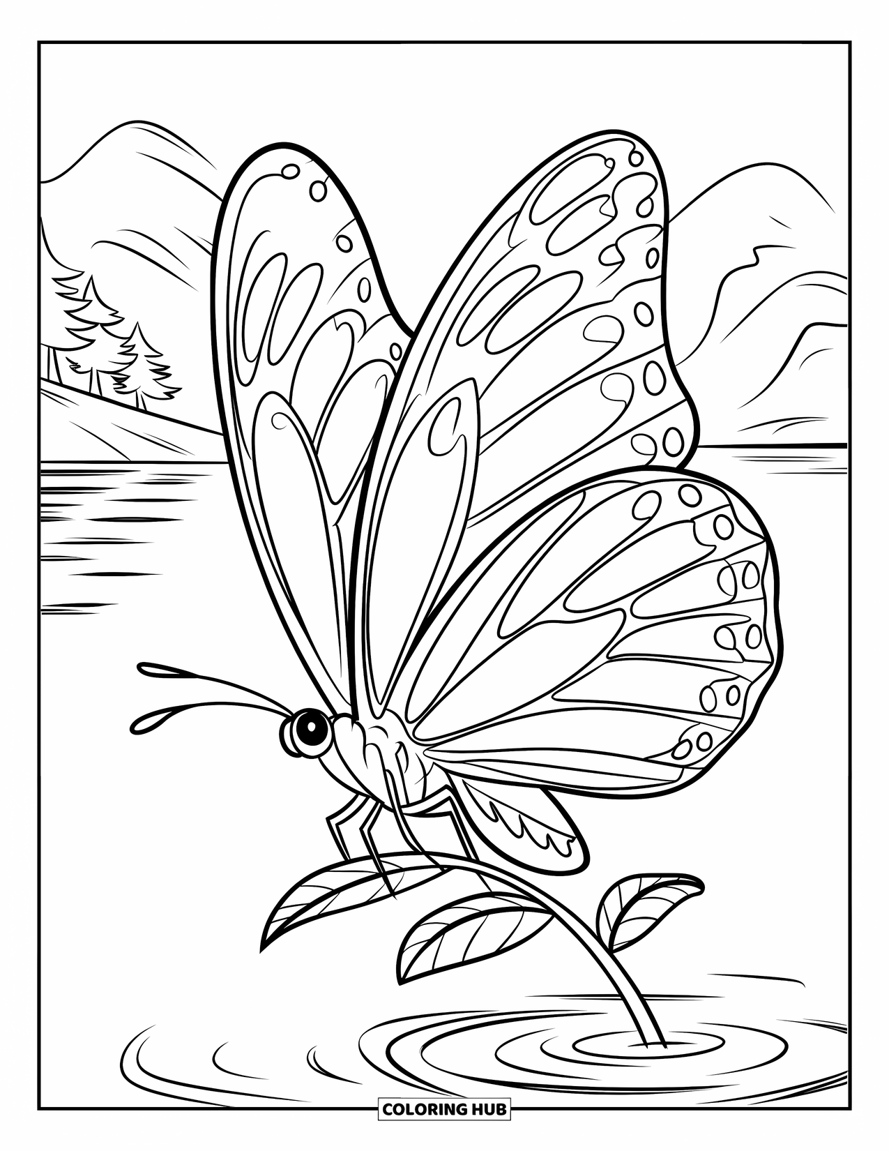 Butterfly Coloring Page for Kids: A butterfly perched on a branch above a calm body of water