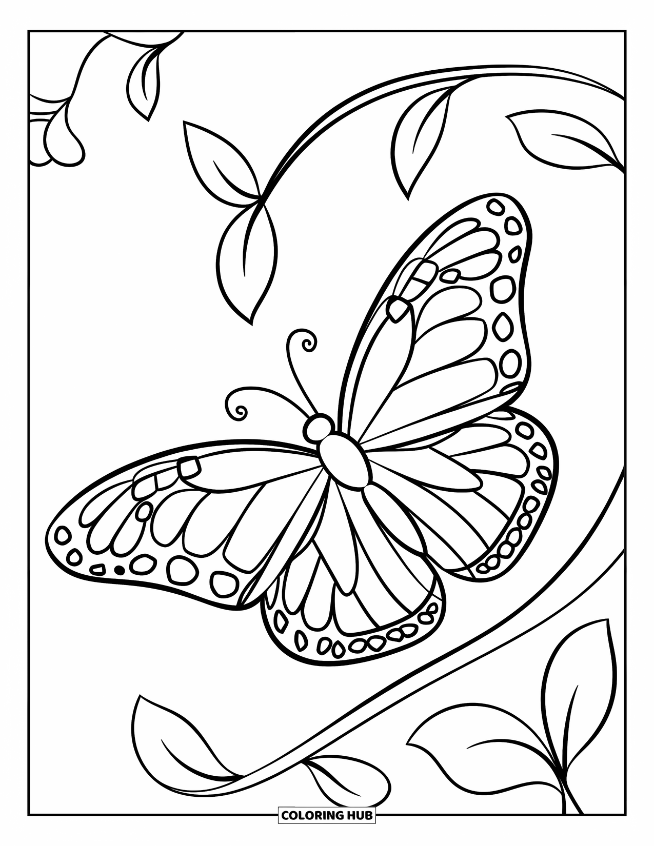 Butterfly Coloring Page for Kids: A butterfly perched on a curved vine with small leaf outlines