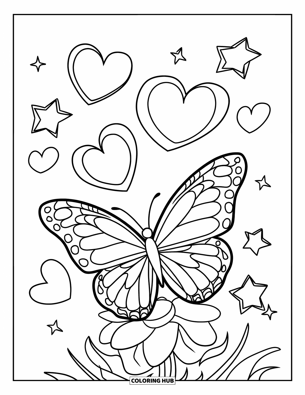 Butterfly Coloring Page for Kids: A butterfly perched on a flower with floating hearts and stars