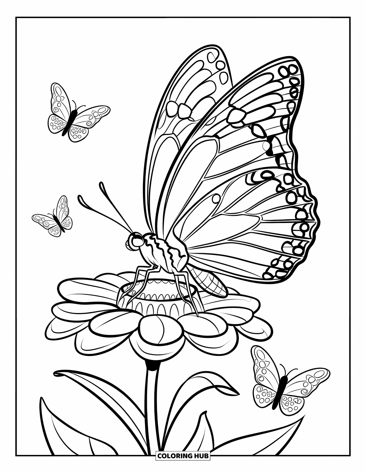 Butterfly Coloring Page for Kids: A butterfly perched on a flower with layered petals, surrounded by three small butterflies