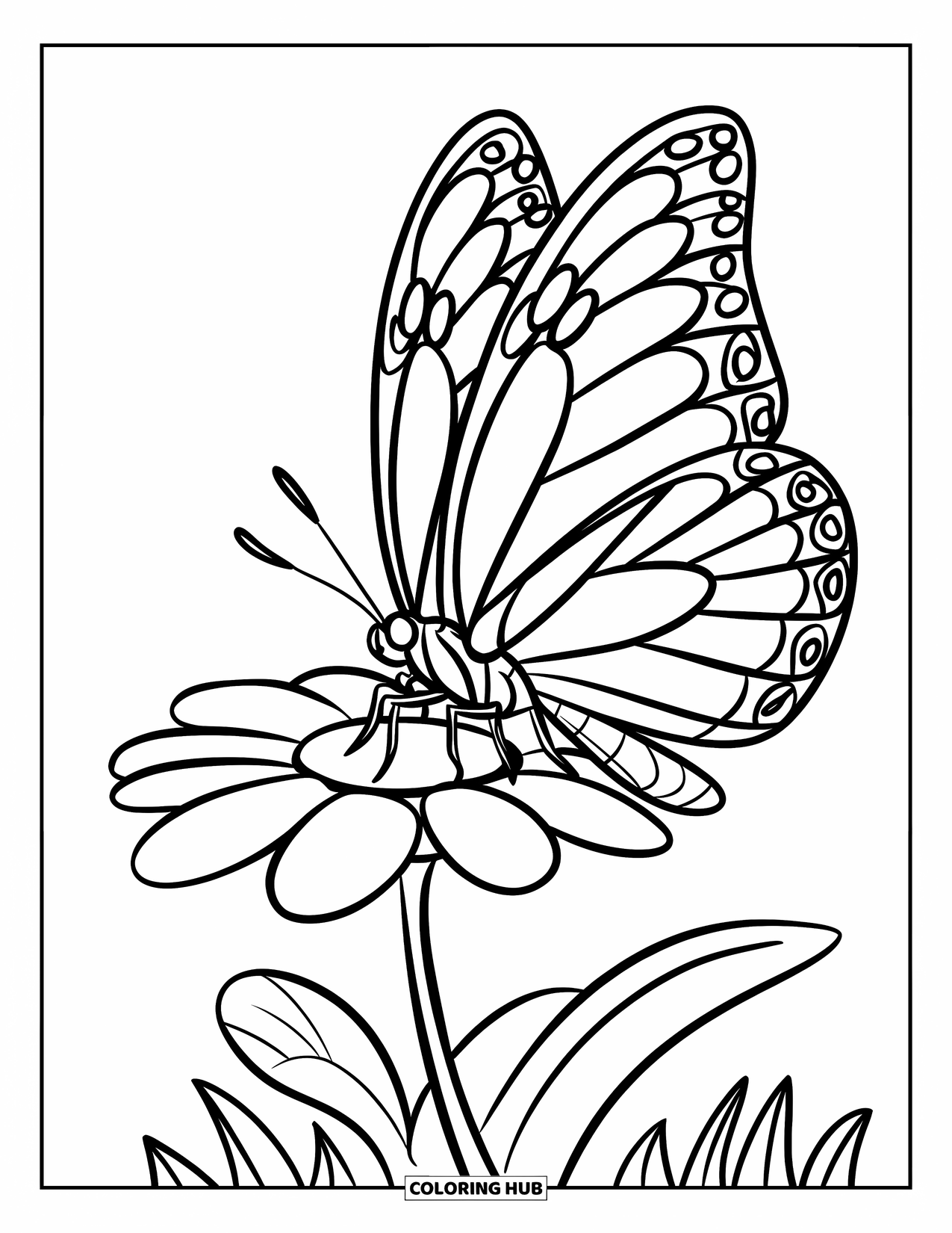 Butterfly Coloring Page for Kids: A butterfly perched on a flower with minimal petal details