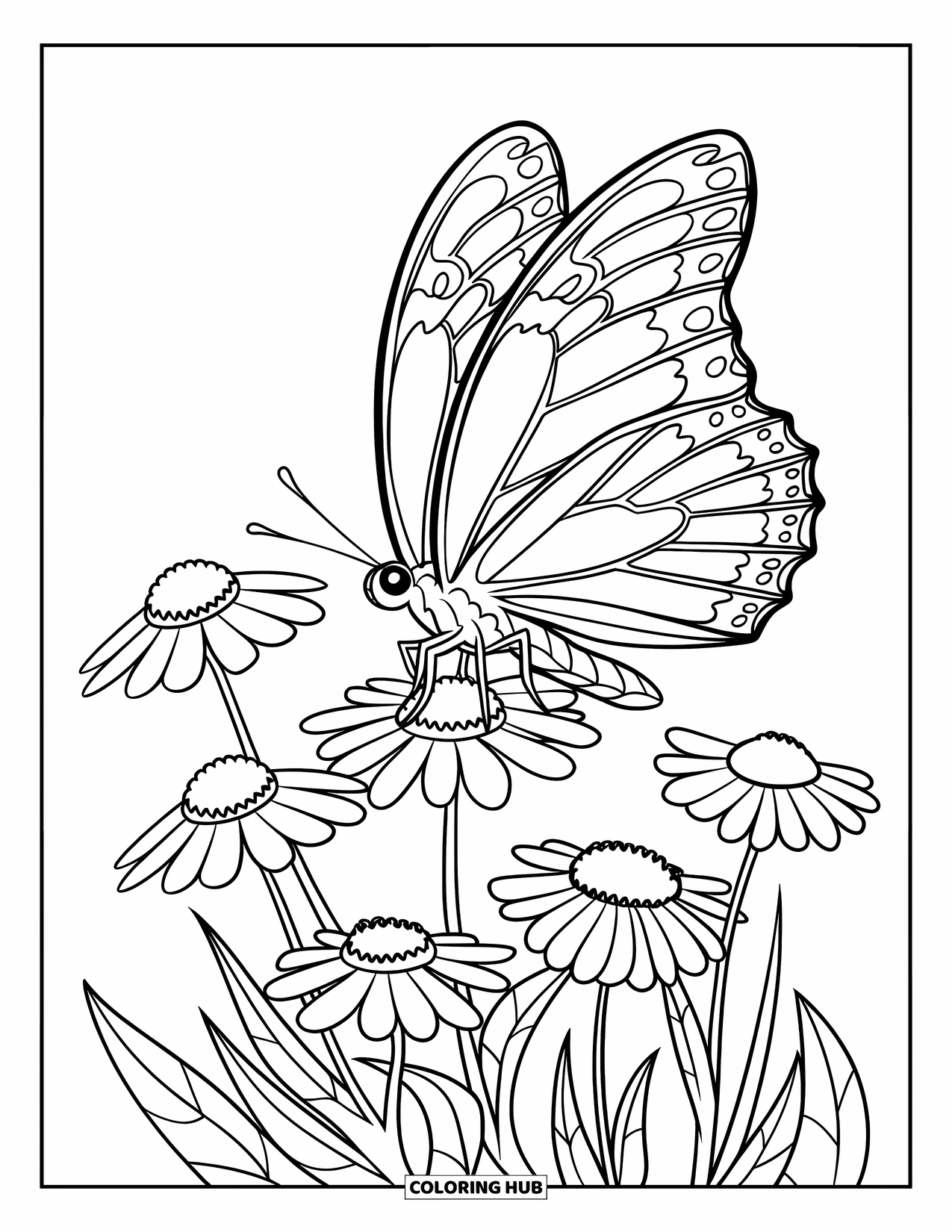 Butterfly Coloring Page for Kids: A butterfly perched on small flowers, with moderate detail and bold outlines