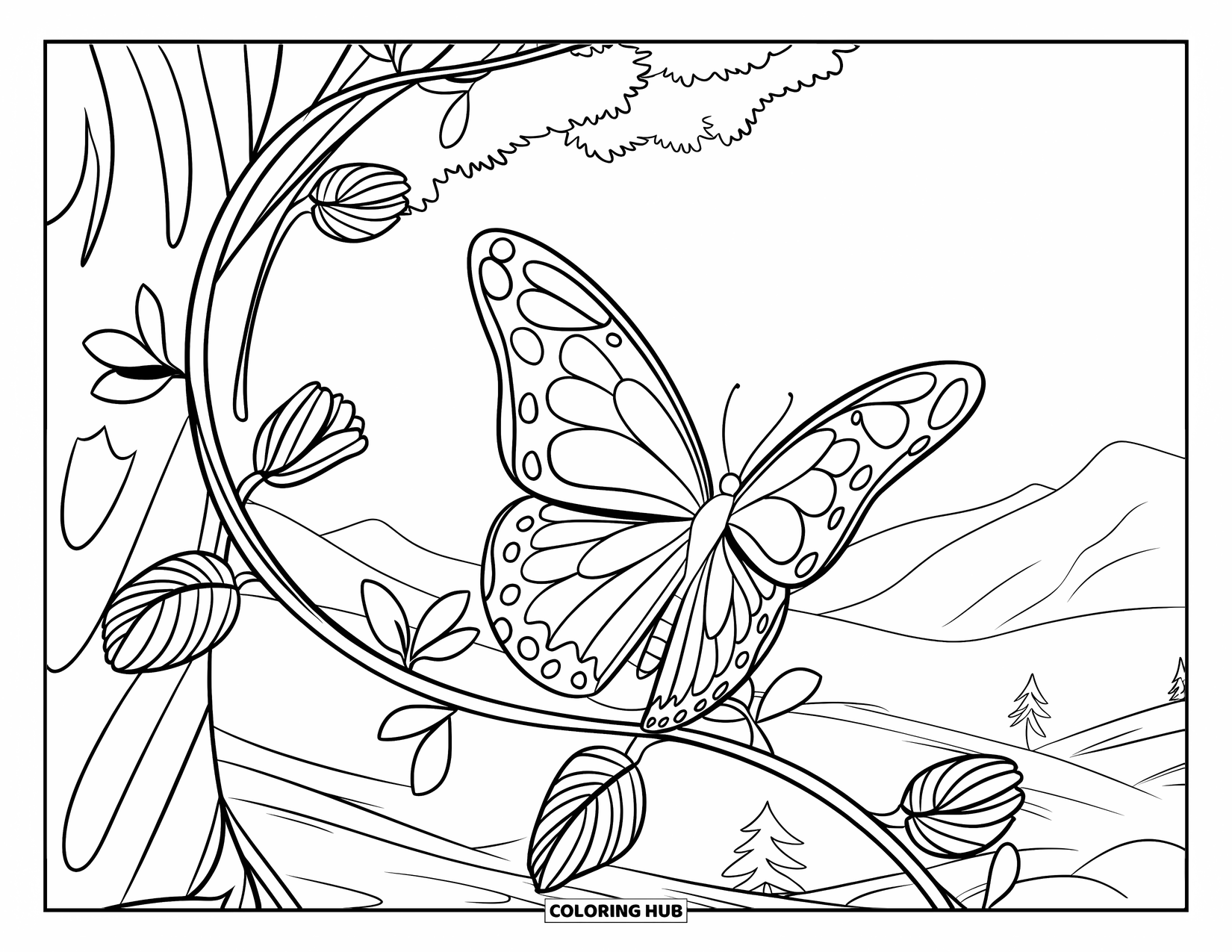 Butterfly Coloring Page for Kids: A butterfly resting on a detailed vine wrapped around a tree trunk, with a serene landscape