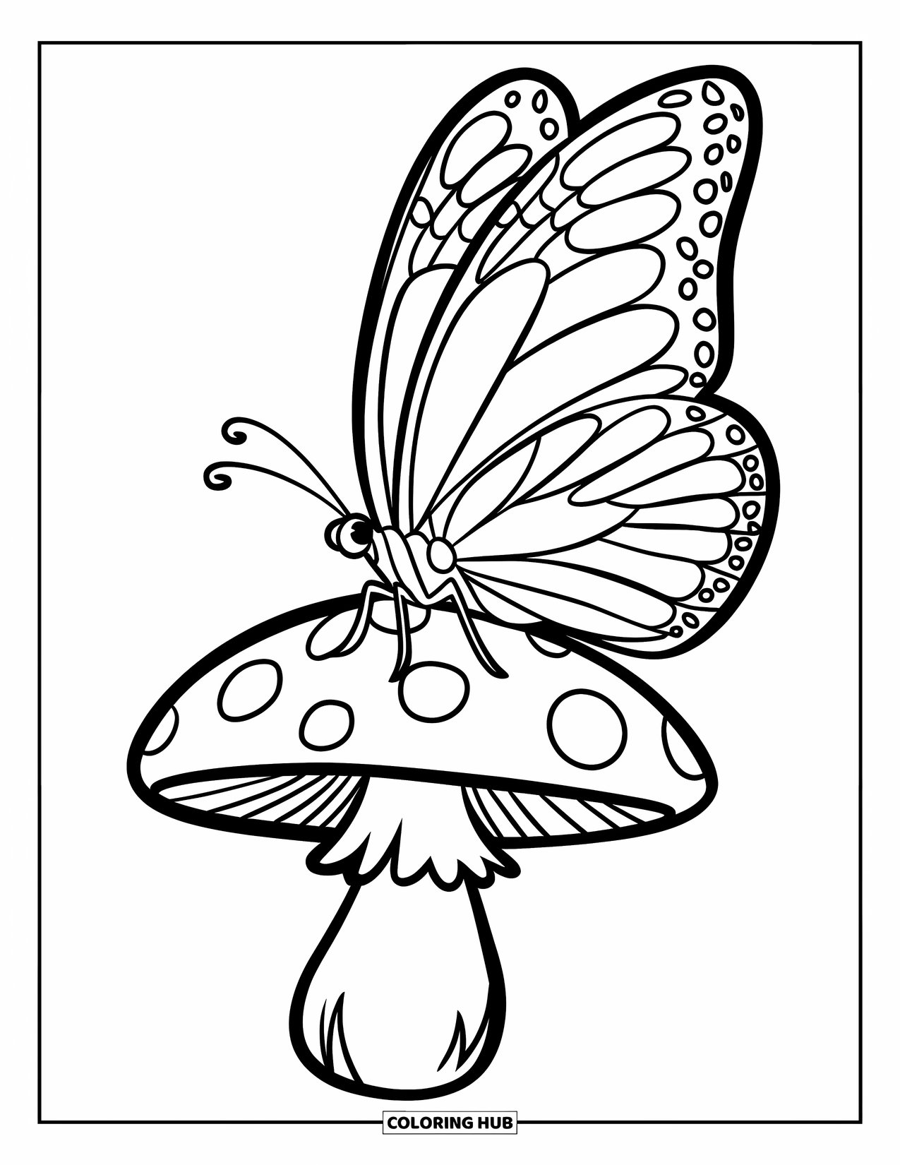 Butterfly Coloring Page for Kids: A butterfly resting on a mushroom cap with simple outlines