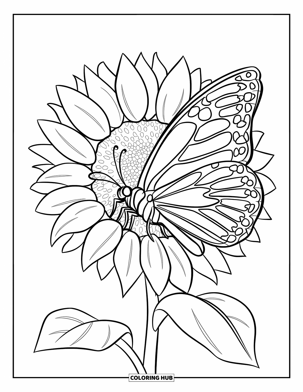 Butterfly Coloring Page for Kids: A butterfly resting on a sunflower with detailed petals