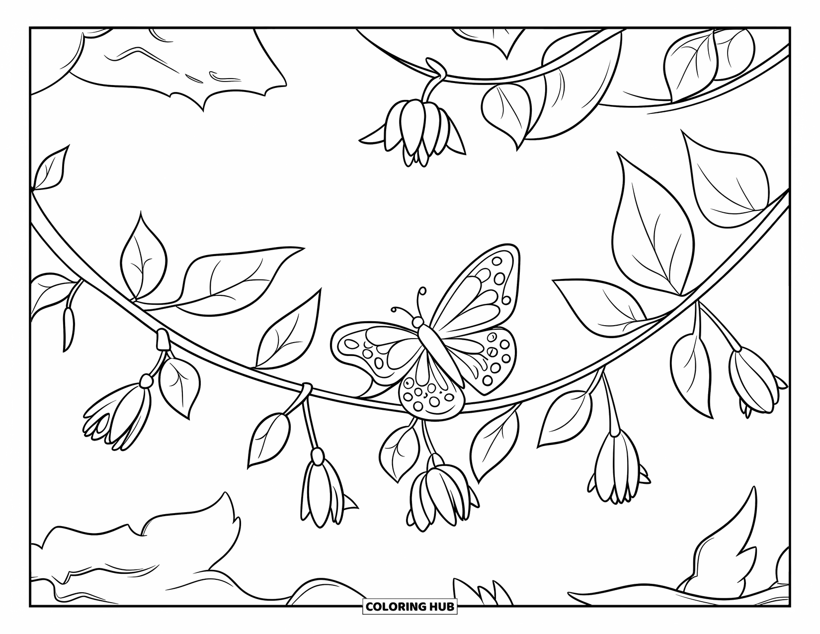 Butterfly Coloring Page for Kids: A butterfly resting on a vine with leaves and flower buds, wrapped around a branch