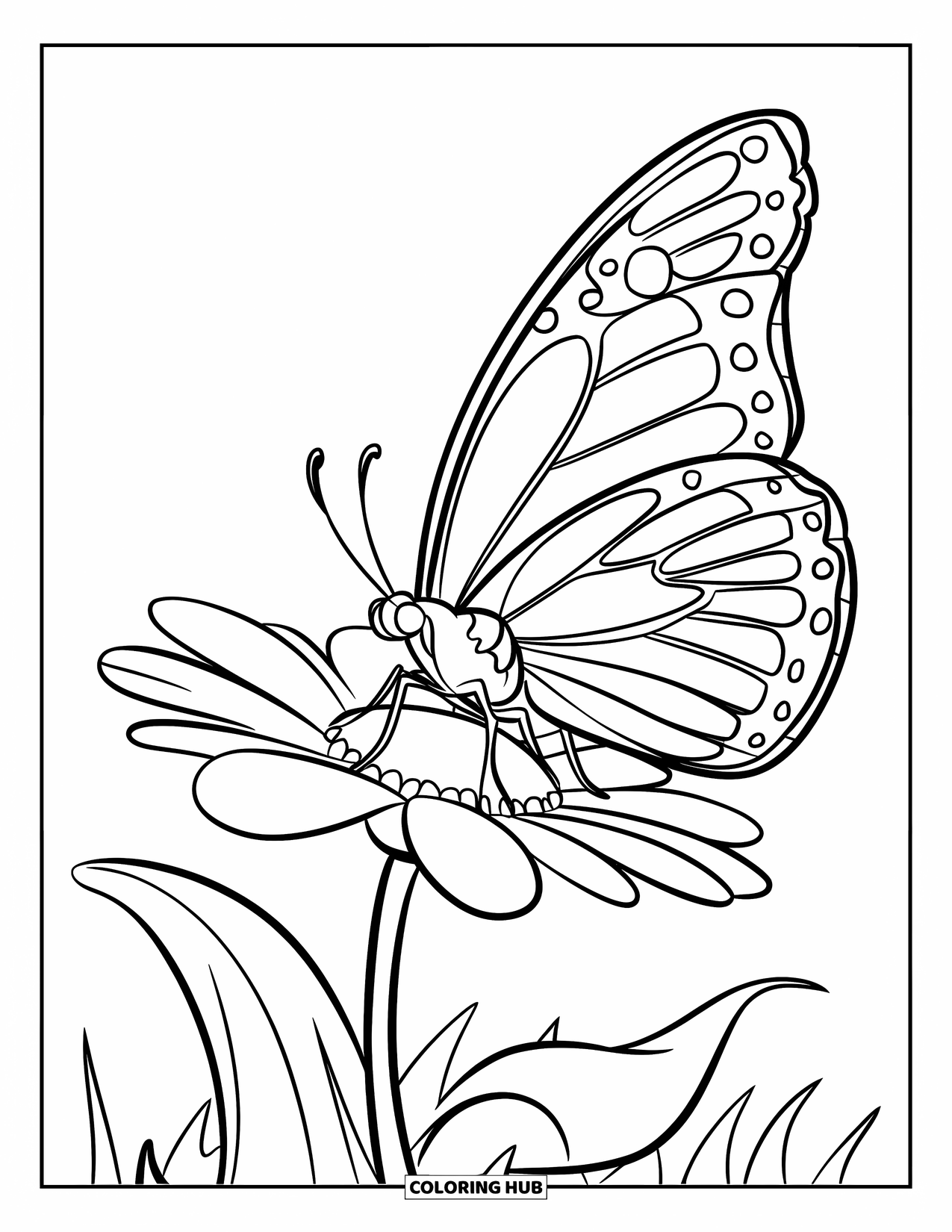 Butterfly Coloring Page for Kids: A butterfly sitting on a flower with thick outlines