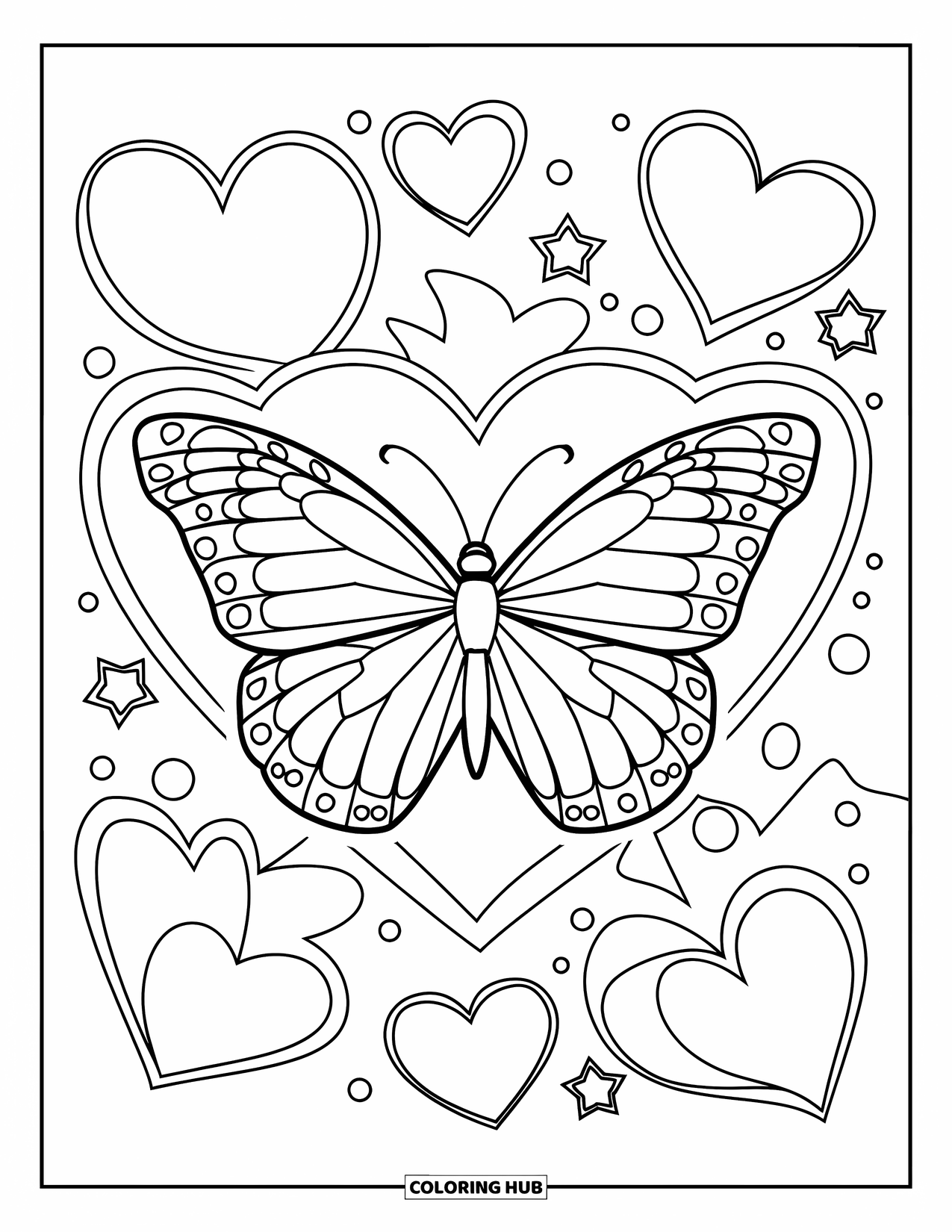 Butterfly Coloring Page for Kids: A butterfly surrounded by heart and star outlines