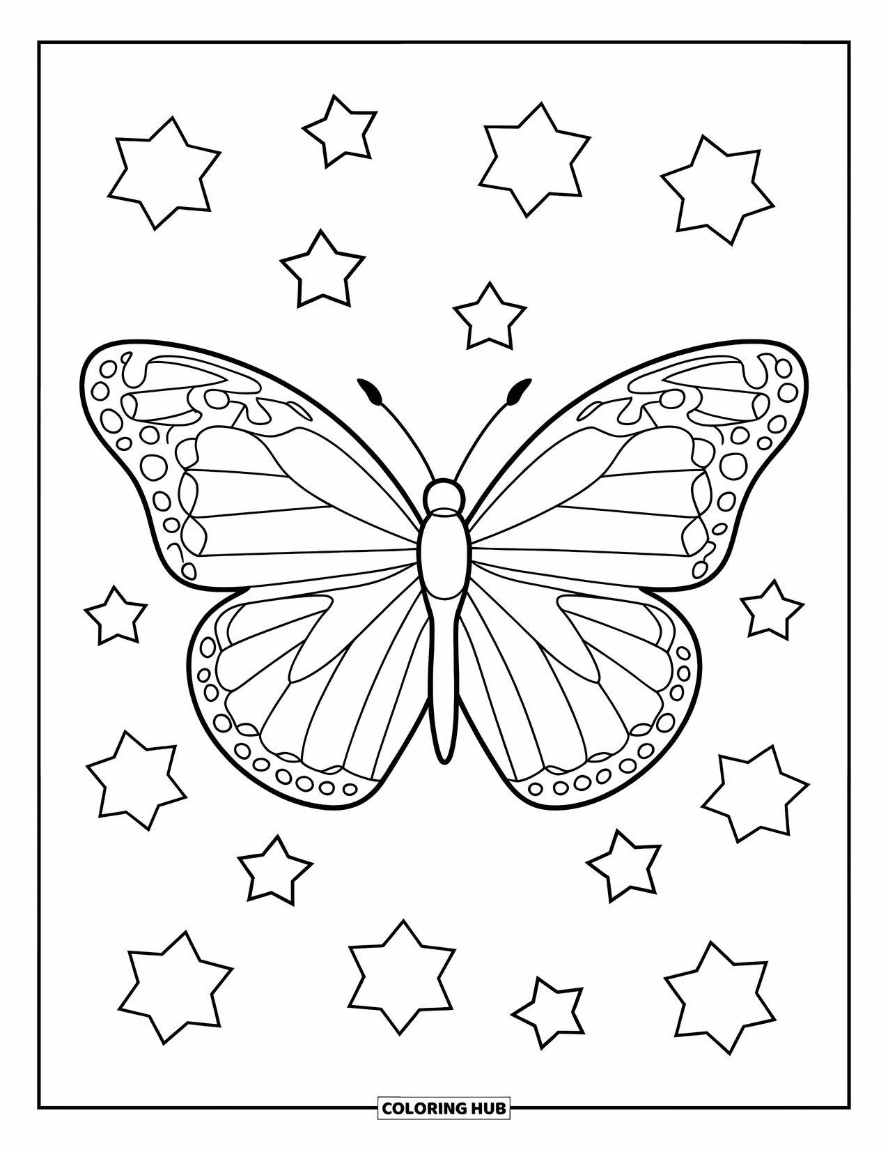 Butterfly Coloring Page for Kids: A butterfly surrounded by stars with bold, clean outlines
