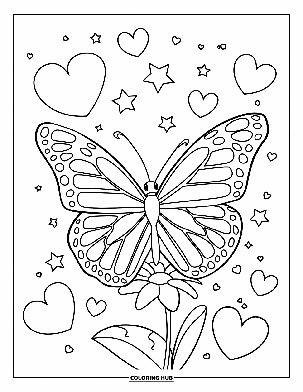Butterfly Coloring Page for Kids: A butterfly with bold outlines surrounded by hearts and stars