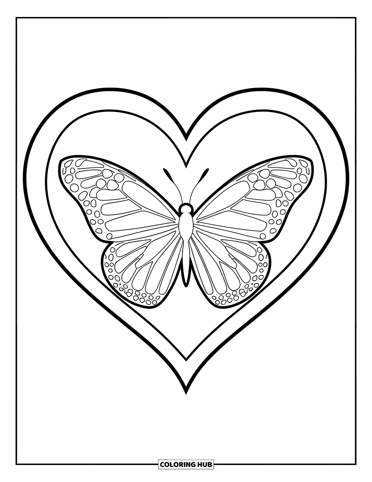 Butterfly Coloring Page for Kids: A butterfly with bold wings placed inside a heart outline