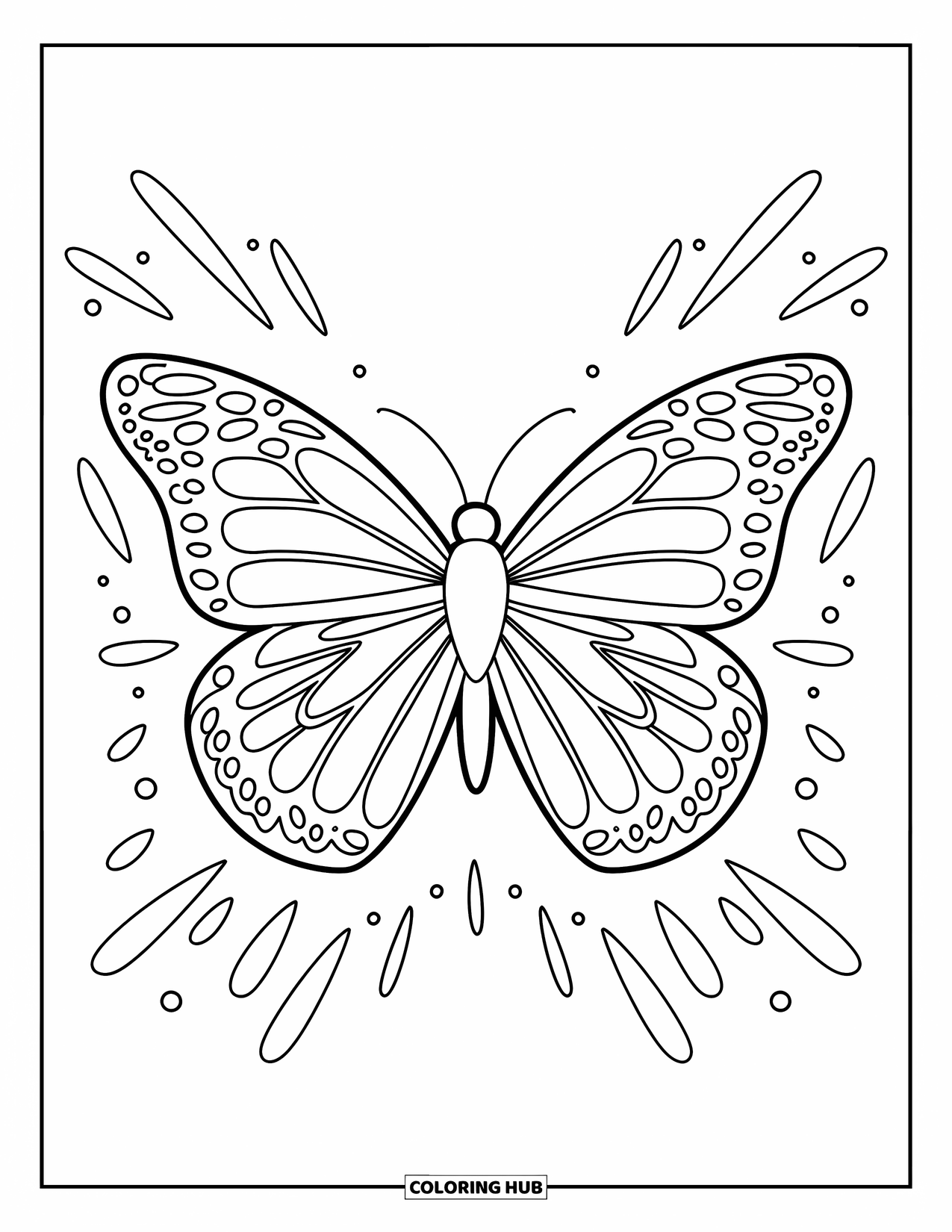 Butterfly Coloring Page for Kids: A butterfly with bold wings surrounded by dotted movement lines