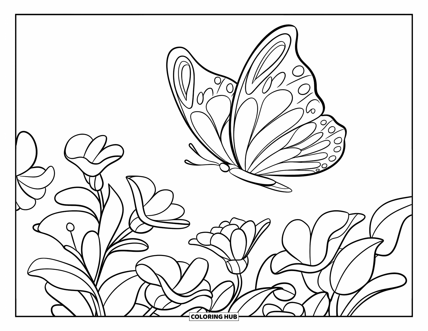 Butterfly Coloring Page for Kids: A butterfly with curved wings flying above flowers with petals and large, curved leaves
