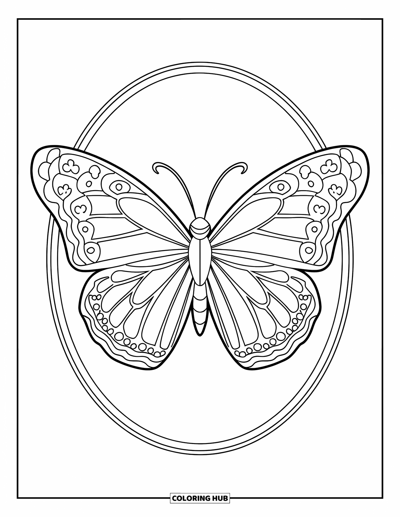 Butterfly Coloring Page for Kids: A butterfly with detailed wings inside an oval-shaped border