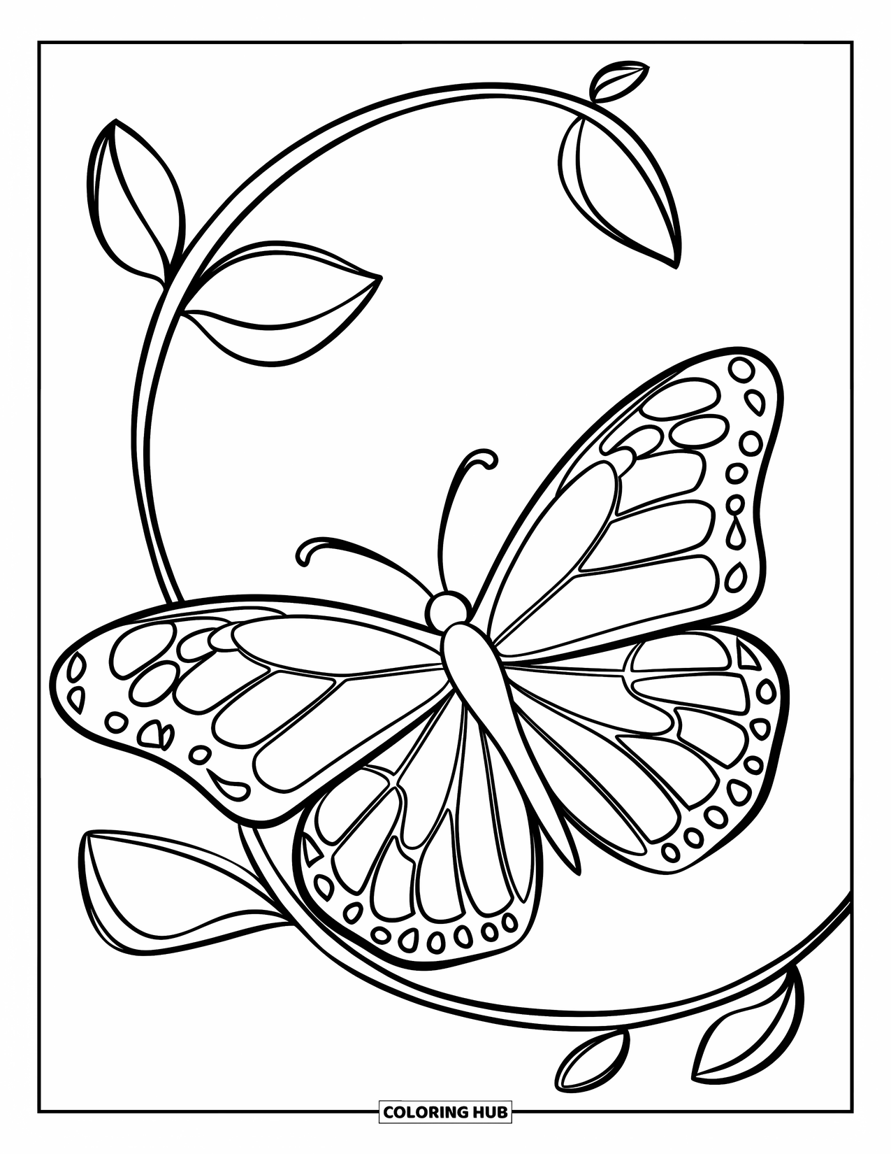 Butterfly Coloring Page for Kids: A butterfly with detailed wings resting on a curved vine with small leaves
