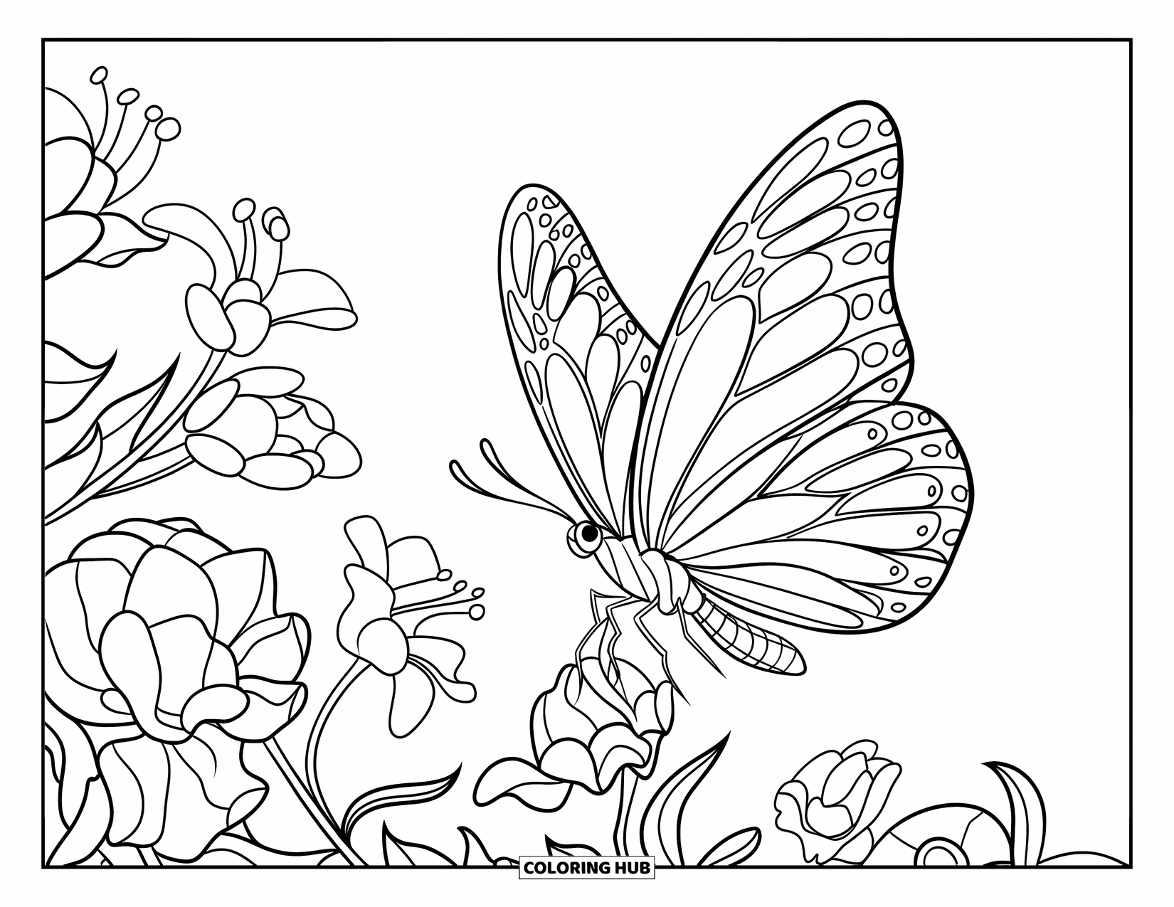 Butterfly Coloring Page for Kids: A butterfly with elegant wings flying above flowers and leaves in a playful style