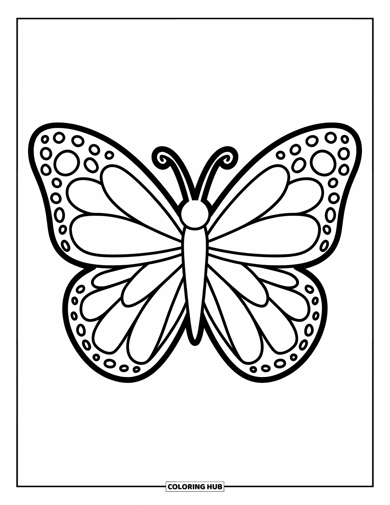 Butterfly Coloring Page for Kids: A butterfly with exaggerated wings divided into three sections