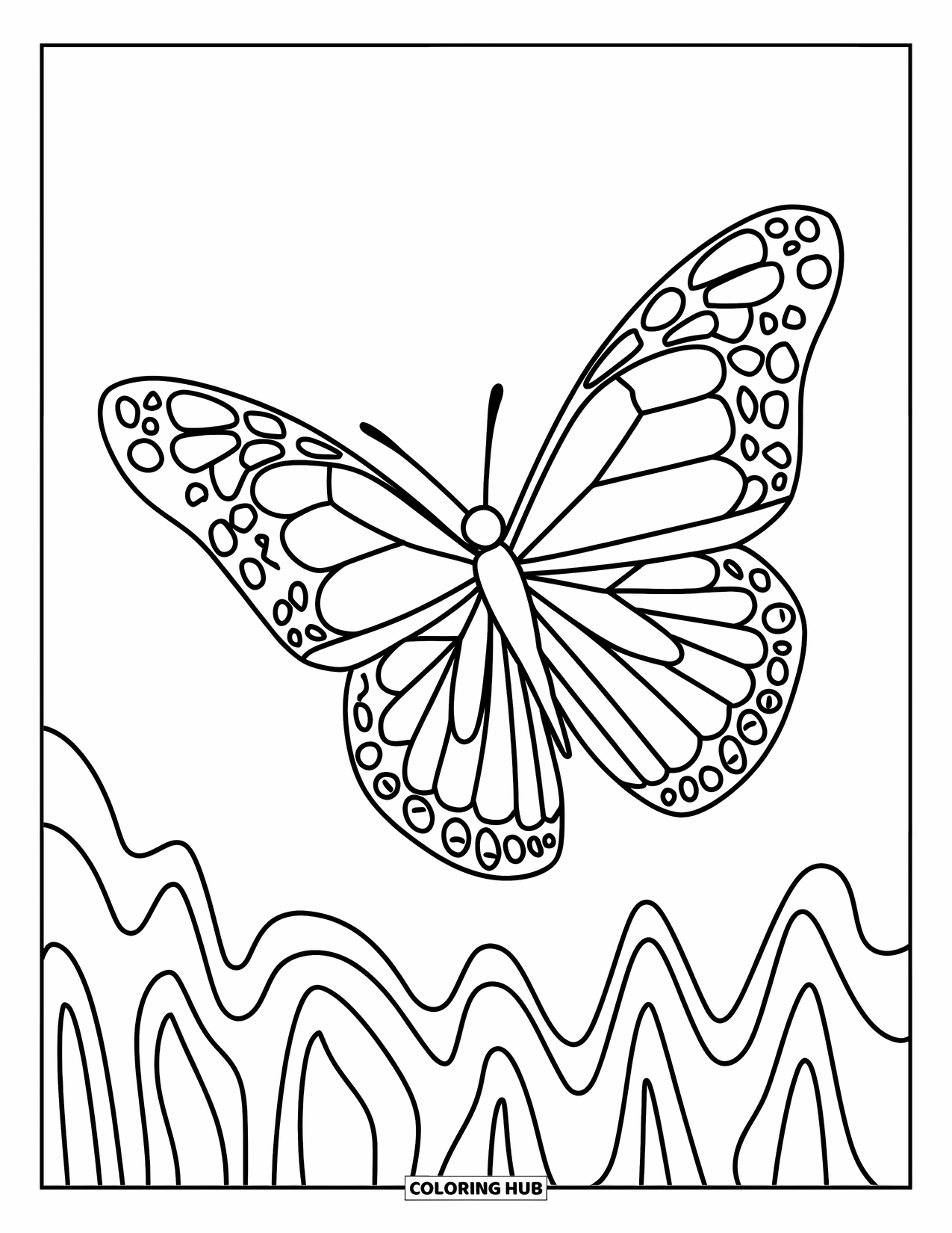 Butterfly Coloring Page for Kids: A butterfly with geometric wings above wavy grass lines