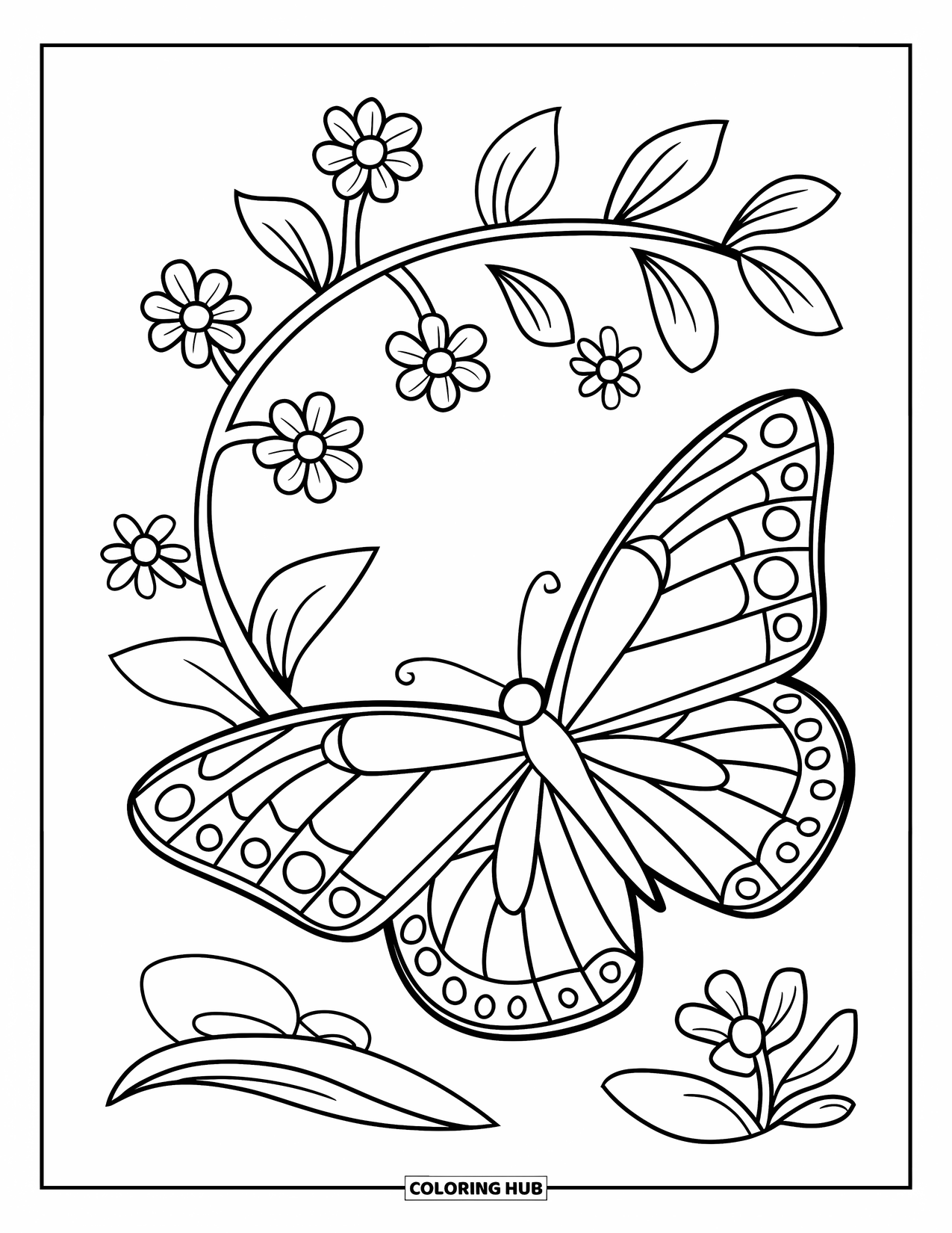 Butterfly Coloring Page for Kids: A butterfly with geometric wings alongside a vine with small flowers