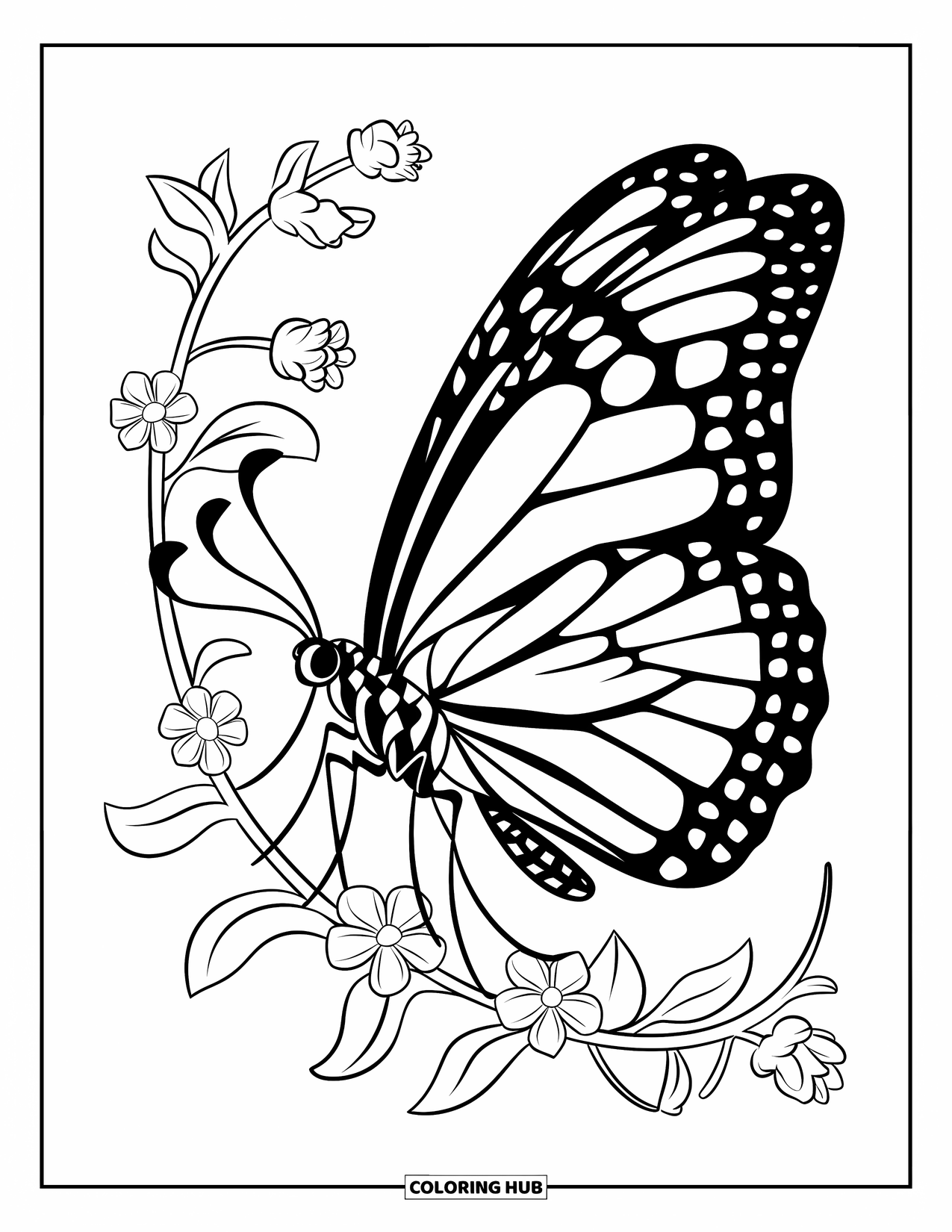 Butterfly Coloring Page for Kids: A butterfly with geometric wings next to a vine with flowers and leaves