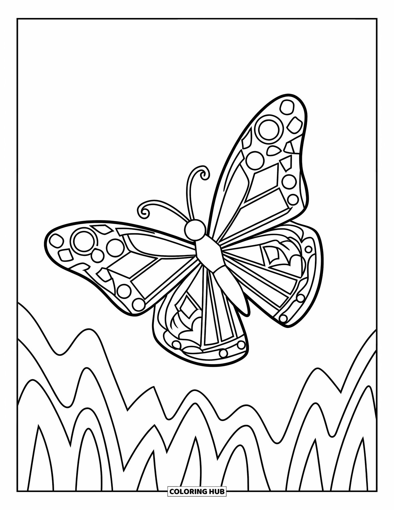 Butterfly Coloring Page for Kids: A butterfly with geometric wings soaring over wavy grass
