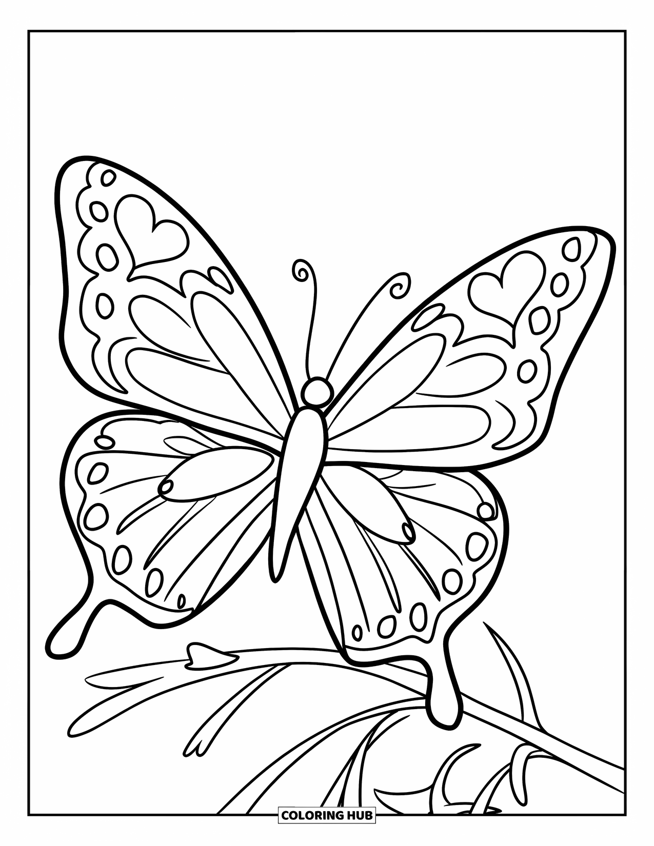 Butterfly Coloring Page for Kids: A butterfly with heart and star outlines sitting on a branch