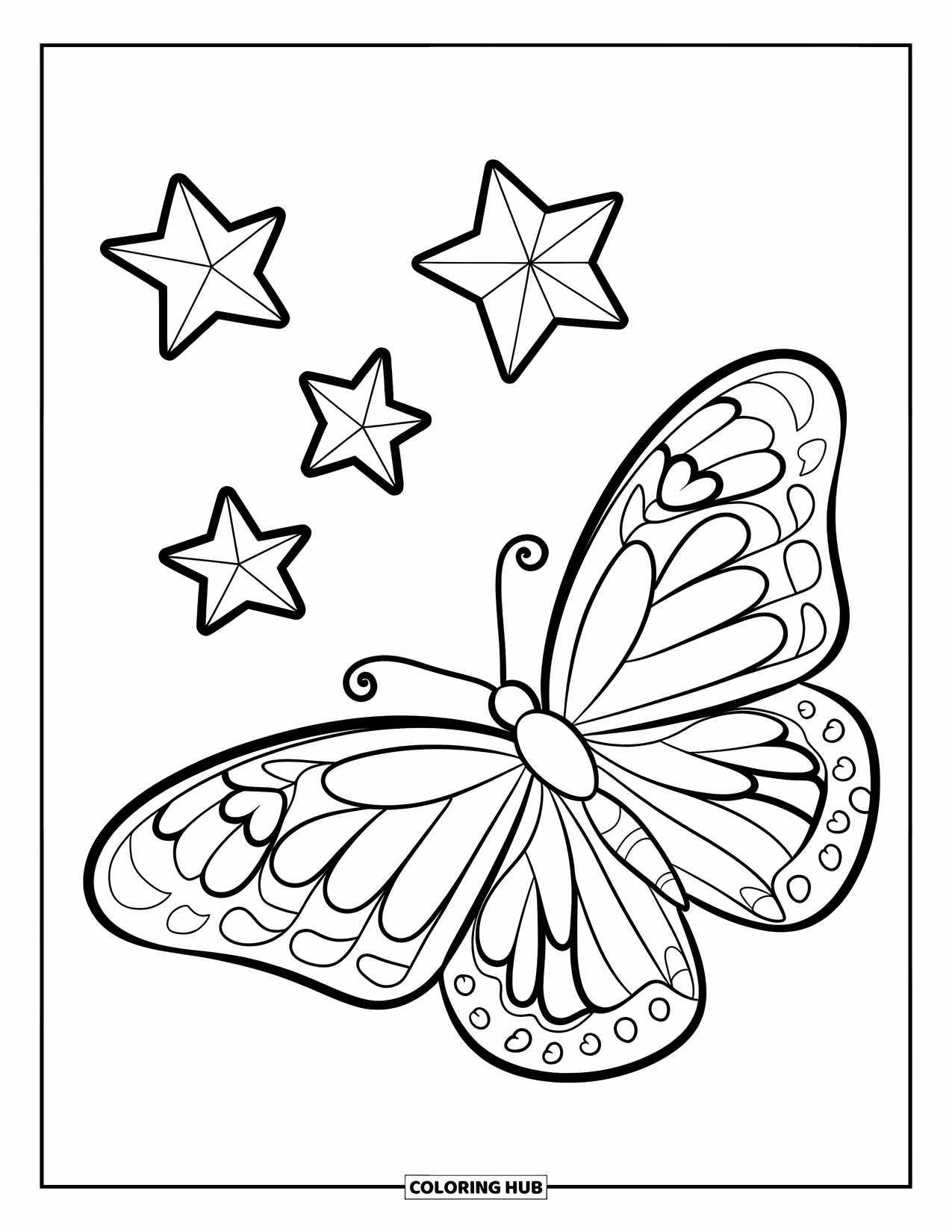 Butterfly Coloring Page for Kids: A butterfly with heart-shaped wing patterns and floating stars