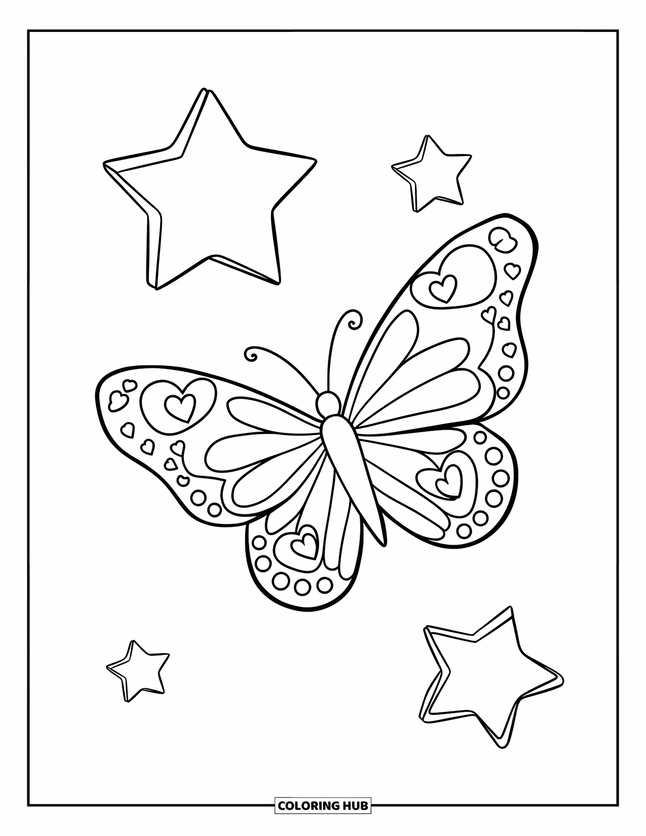 Butterfly Coloring Page for Kids: A butterfly with heart-shaped wings and stars scattered around it