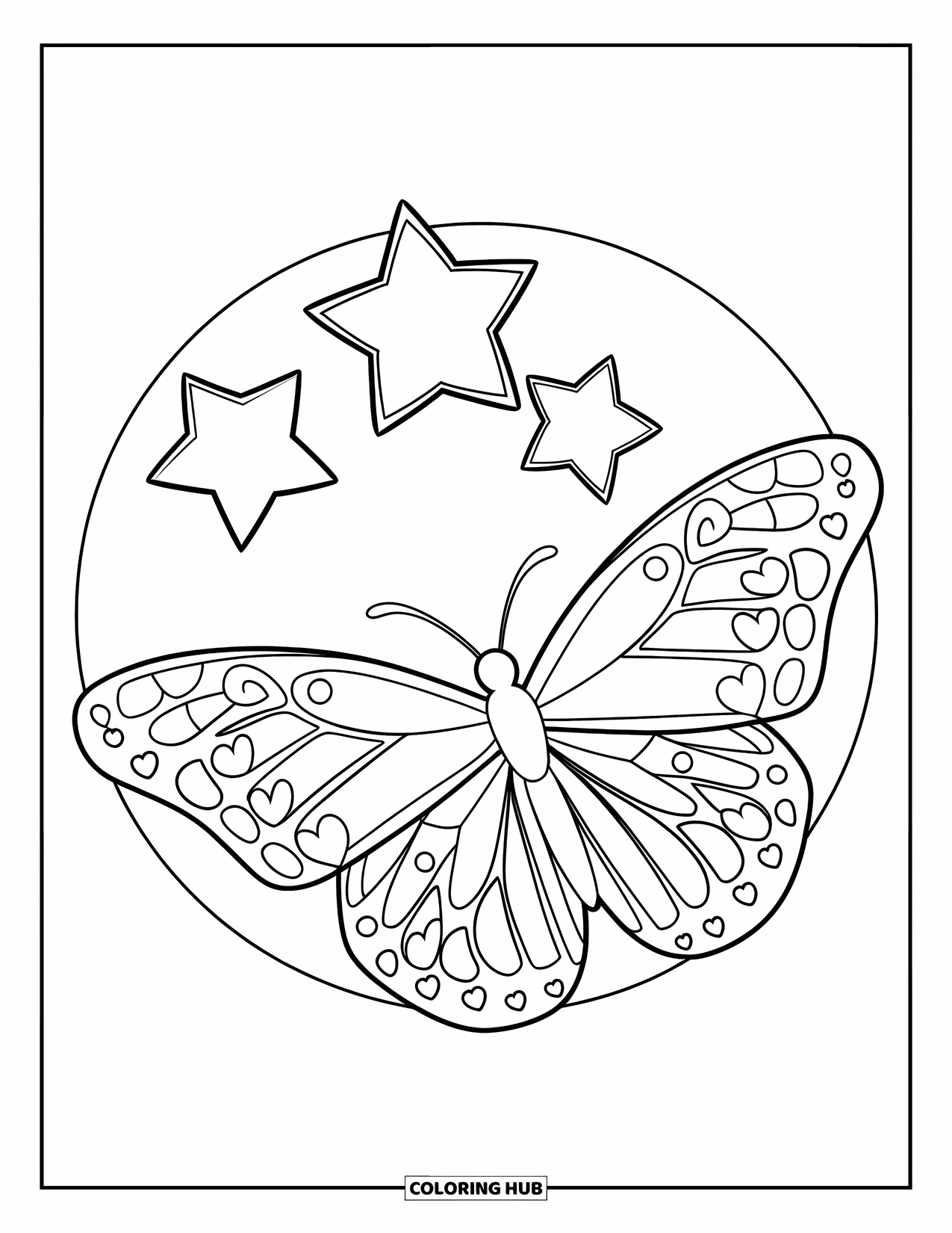 Butterfly Coloring Page for Kids: A butterfly with heart-shaped wings flying near three stars