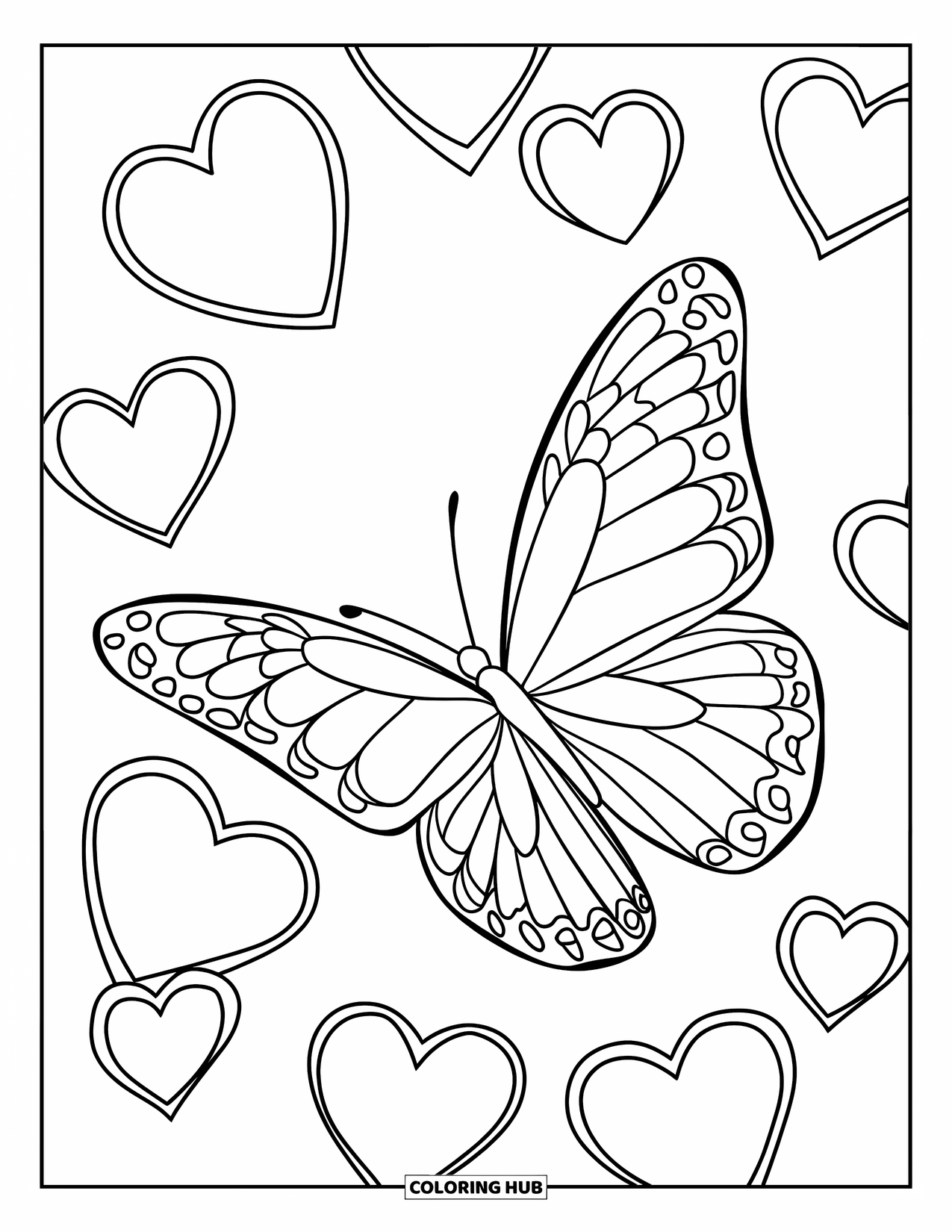 Butterfly Coloring Page for Kids: A butterfly with layered wings flying near floating hearts, surrounded by detailed patterns