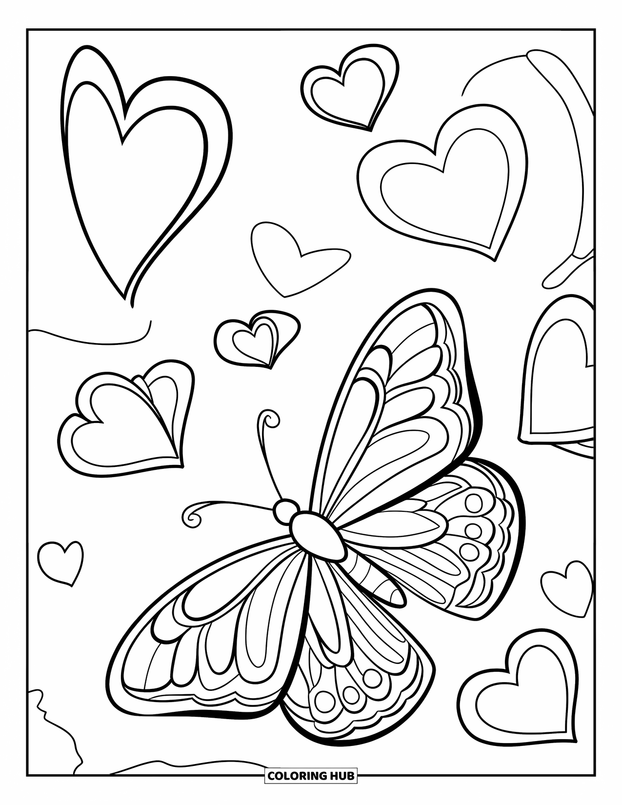 Butterfly Coloring Page for Kids: A butterfly with layered wings flying near floating hearts, with intricate patterns